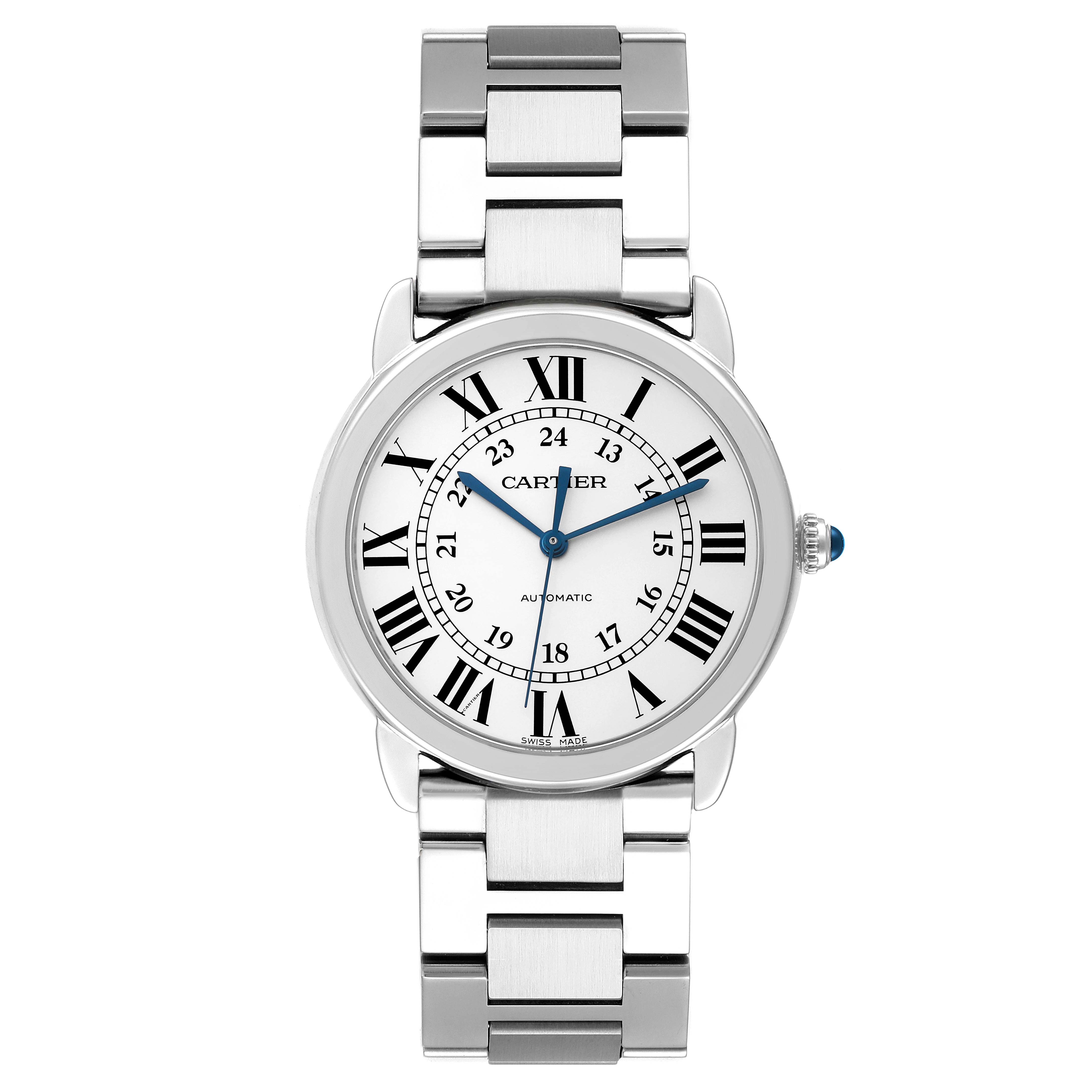 The Cartier Ronde WSRN0012 Men
s Stainless Steel Silver Dial WSRN0012 Men
s Stainless Steel Silver Dial watch is shown from a straight-on angle, displaying its bracelet, dial, and crown.