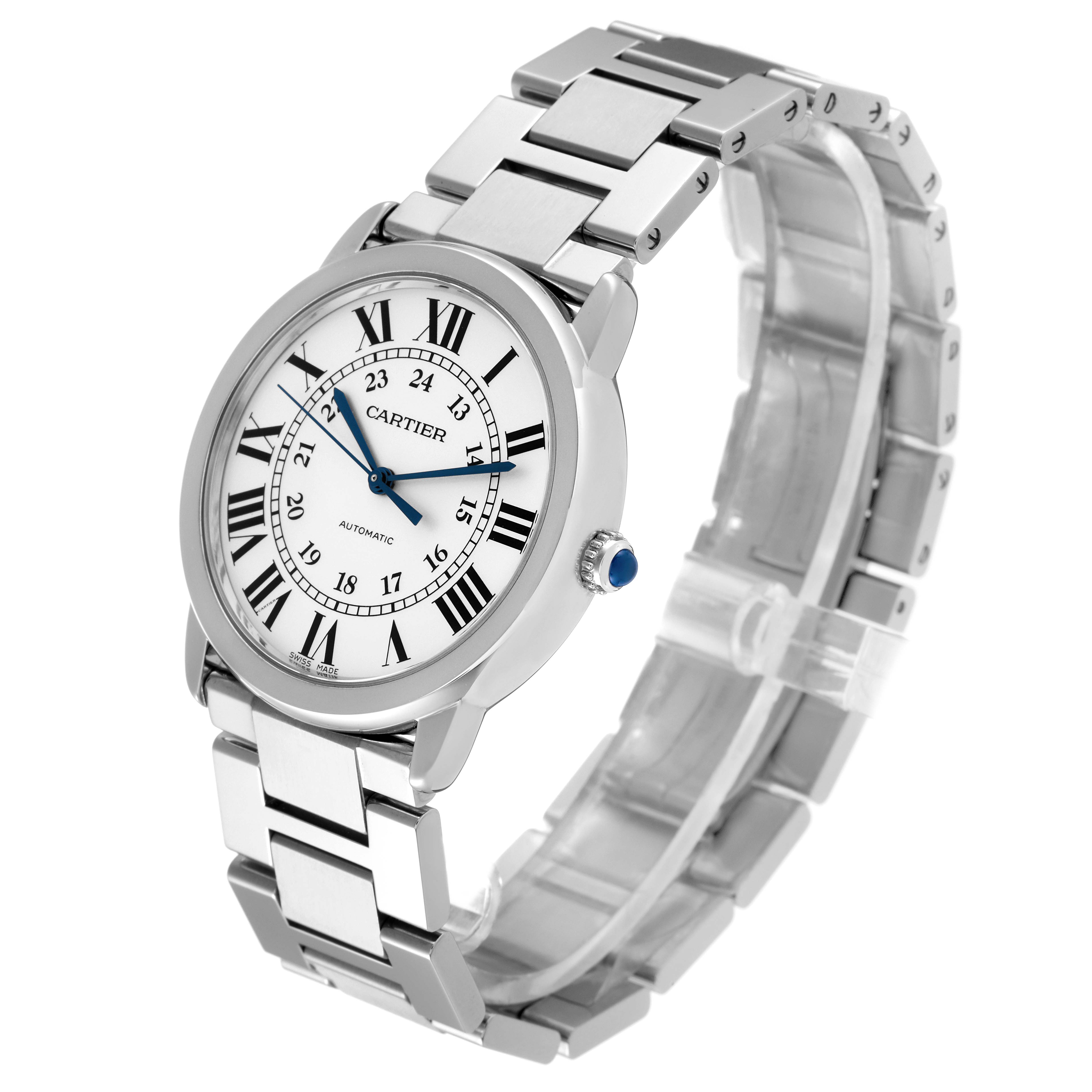 The Cartier Ronde WSRN0012 Men
s Stainless Steel Silver Dial WSRN0012 Men
s Stainless Steel Silver Dial watch is shown at a slight angle displaying its face, bracelet, and crown.