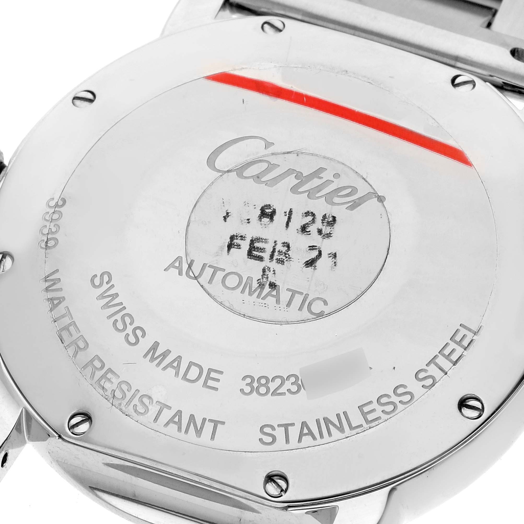 This image shows the back of a Cartier Ronde WSRN0012 Men
s Stainless Steel Silver Dial WSRN0012 Men
s Stainless Steel Silver Dial model watch, highlighting details like "SWISS MADE," "AUTOMATIC," and "STAINLESS STEEL."