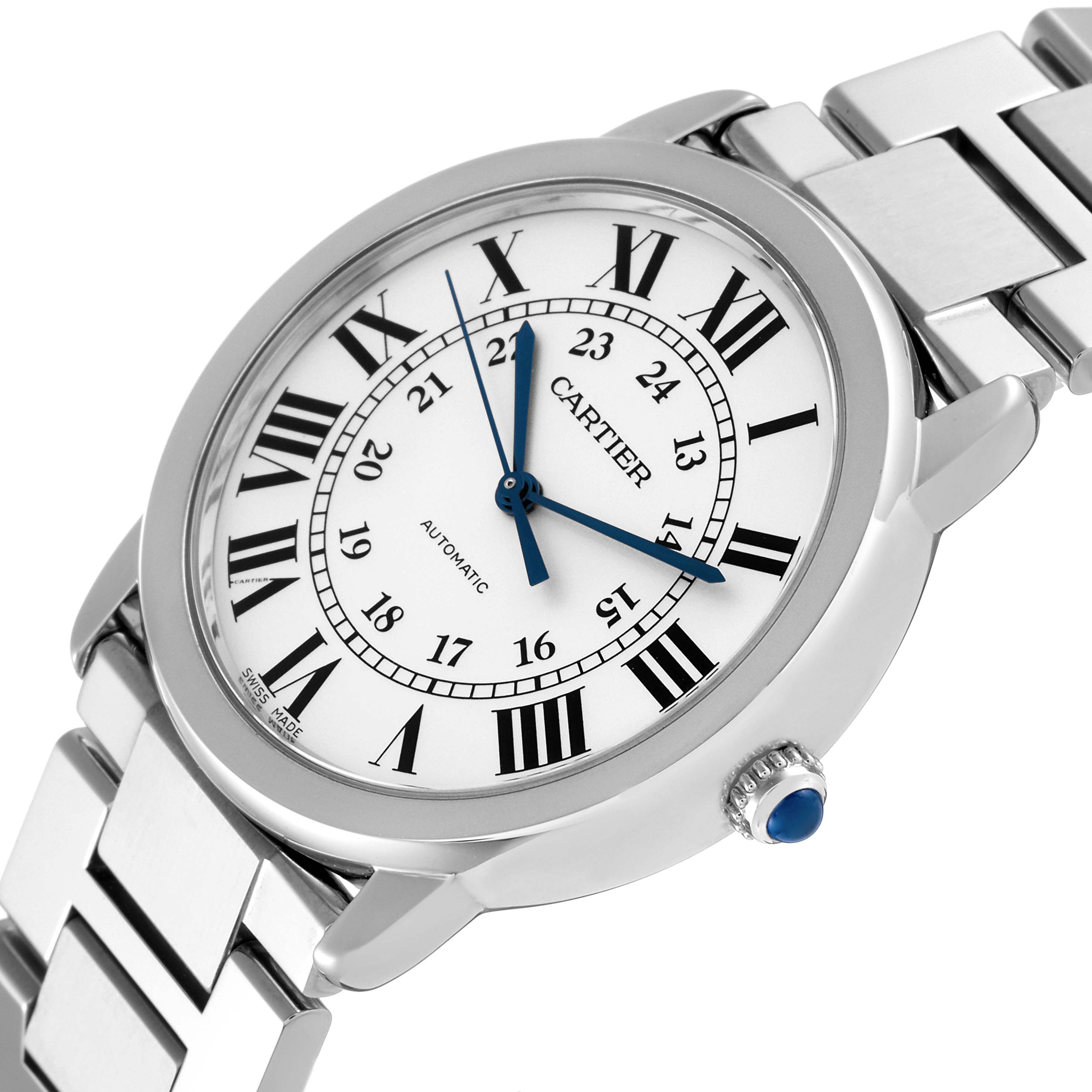 This image shows a Cartier Ronde WSRN0012 Men
s Stainless Steel Silver Dial WSRN0012 Men
s Stainless Steel Silver Dial model watch from a three-quarters angle, highlighting its face, bezel, crown, and part of the bracelet.