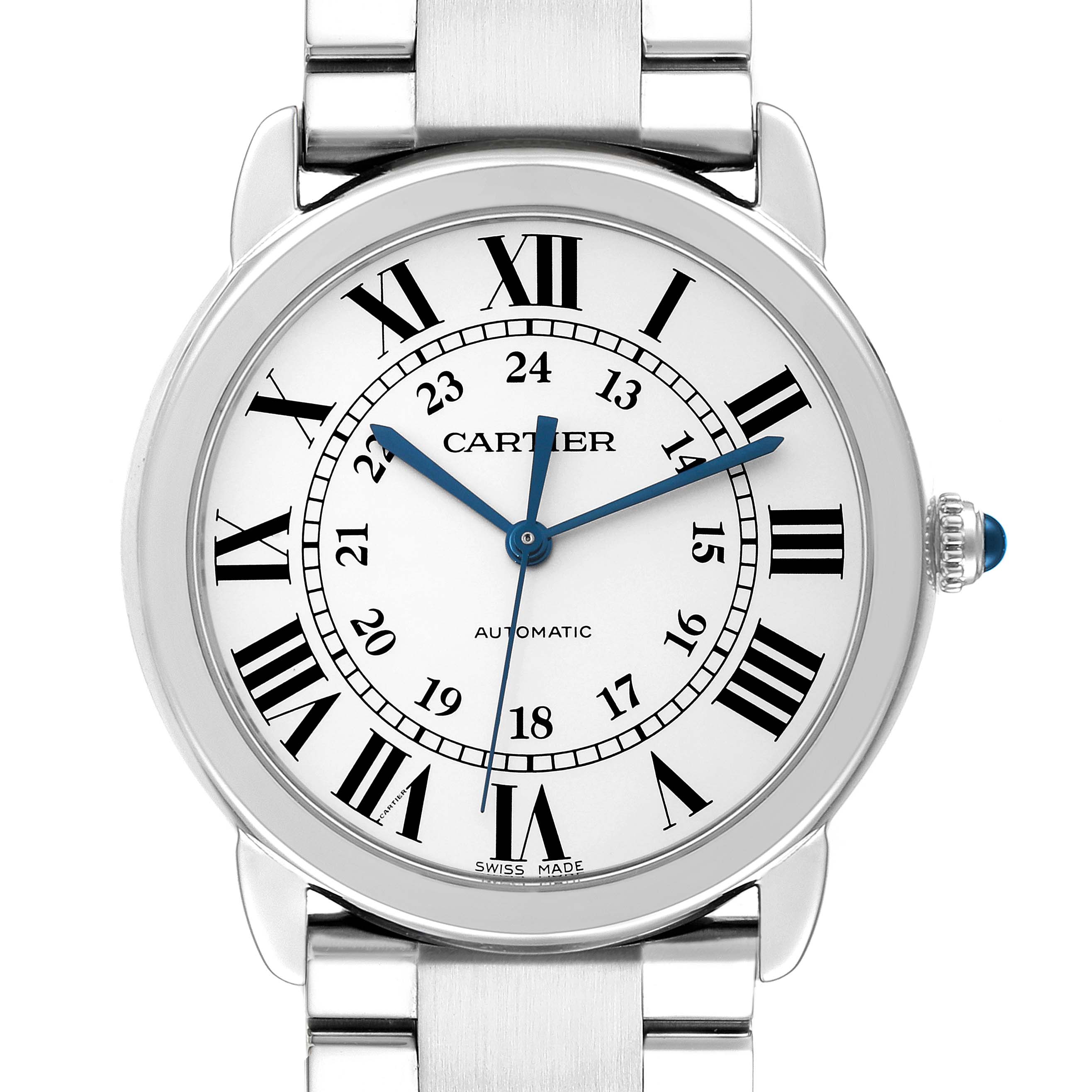 The image shows a frontal view of a Cartier Ronde WSRN0012 Men
s Stainless Steel Silver Dial WSRN0012 Men
s Stainless Steel Silver Dial watch, featuring its dial with Roman numerals and a metal bracelet.