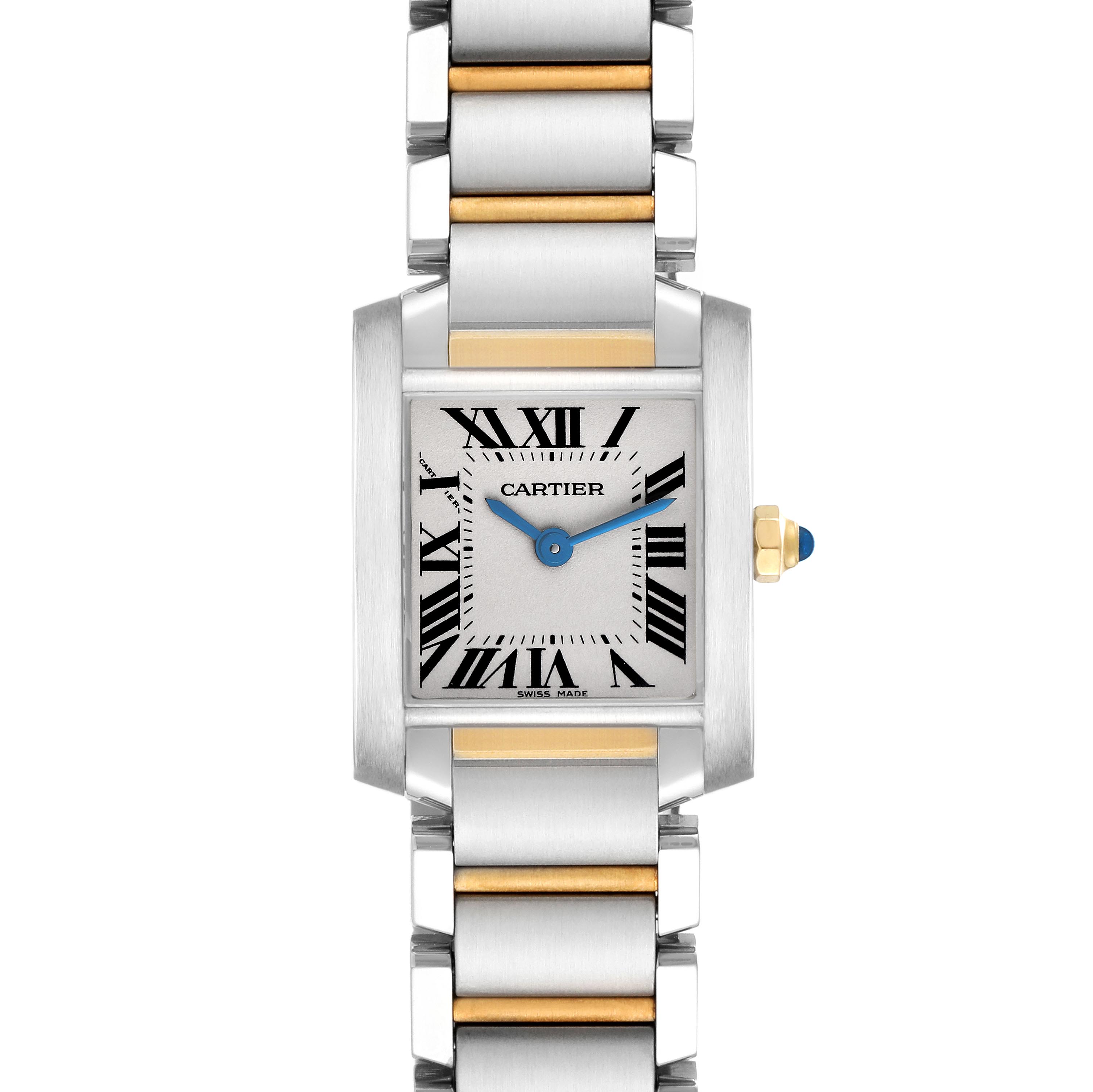 The Tank Française by Cartier is shown from the front, displaying its square face, Roman numerals, and two-tone bracelet.