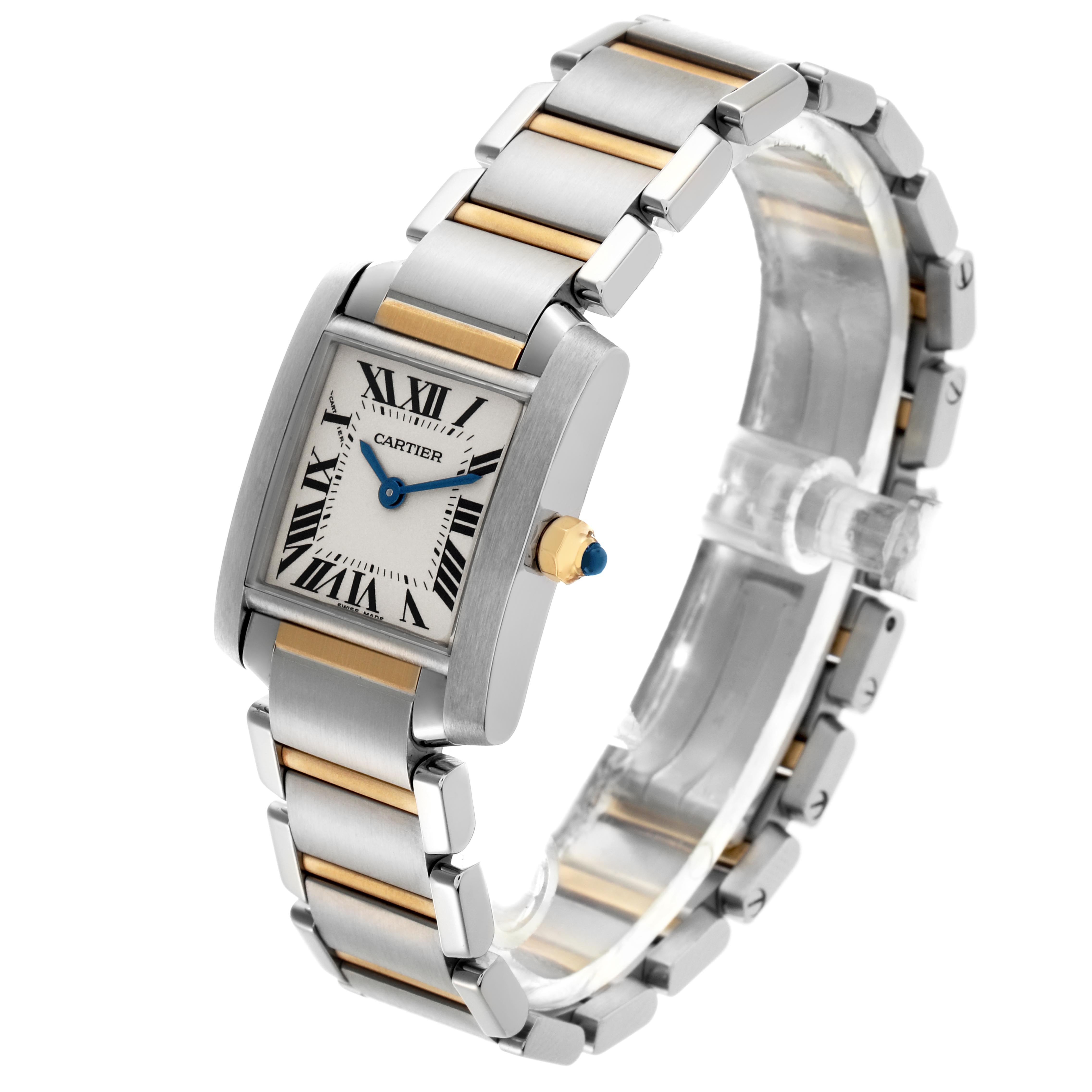 The Cartier Tank Française watch is shown at a three-quarter angle, highlighting the face, bracelet, and crown.