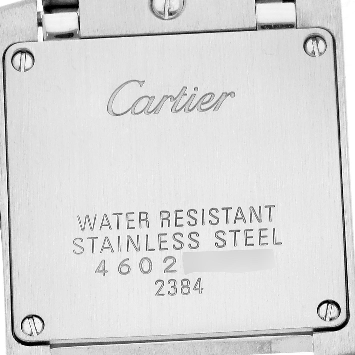 The image shows the back cover of a Cartier Tank Française watch, detailing water resistance and material.