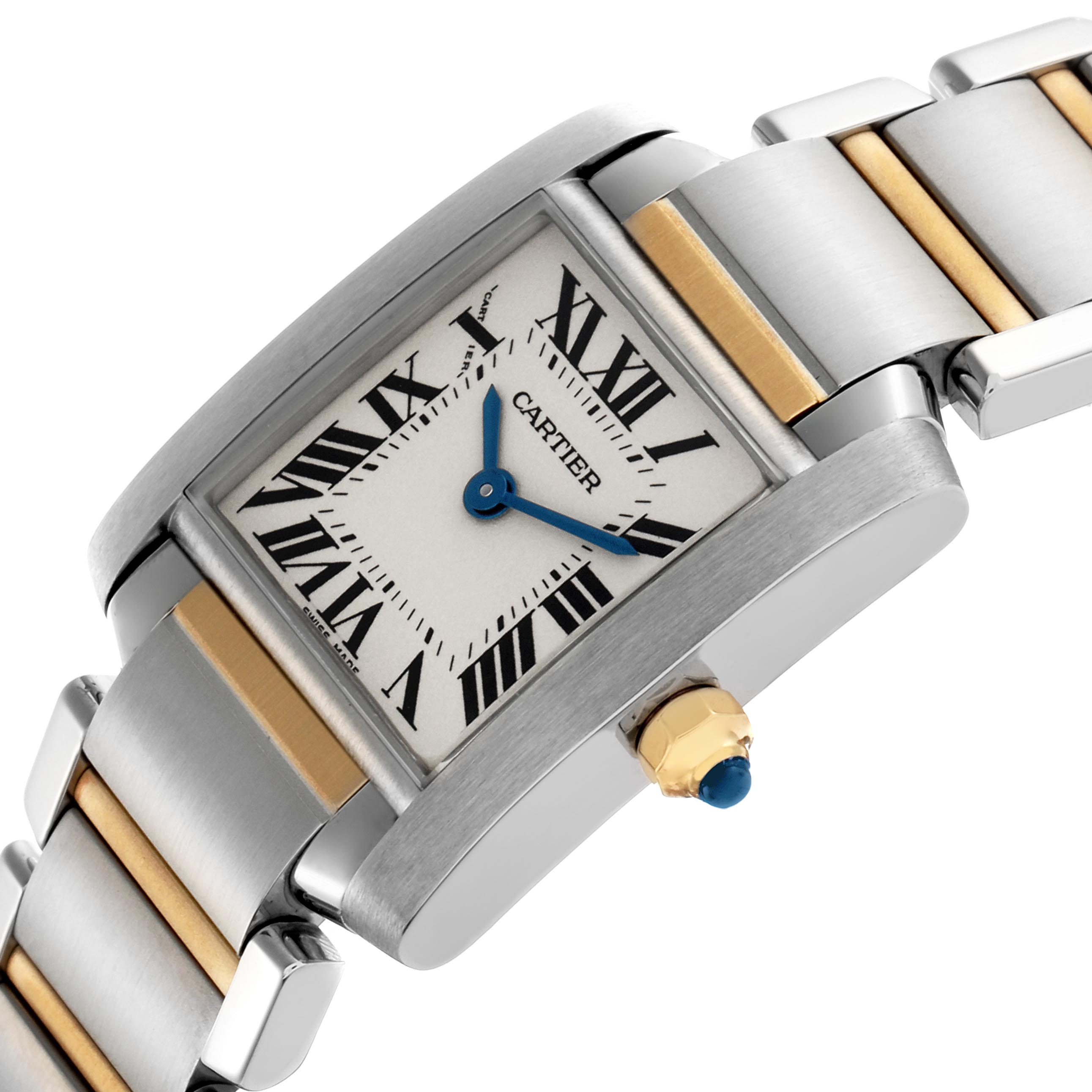 The Cartier Tank Francaise W51007Q4 Women
s Steel and Gold (two tone) Silver Dial W51007Q4 Women
s Steel and Gold (two tone) Silver Dial watch is shown at an angle displaying the dial, crown with cabochon, and the two-tone bracelet.
