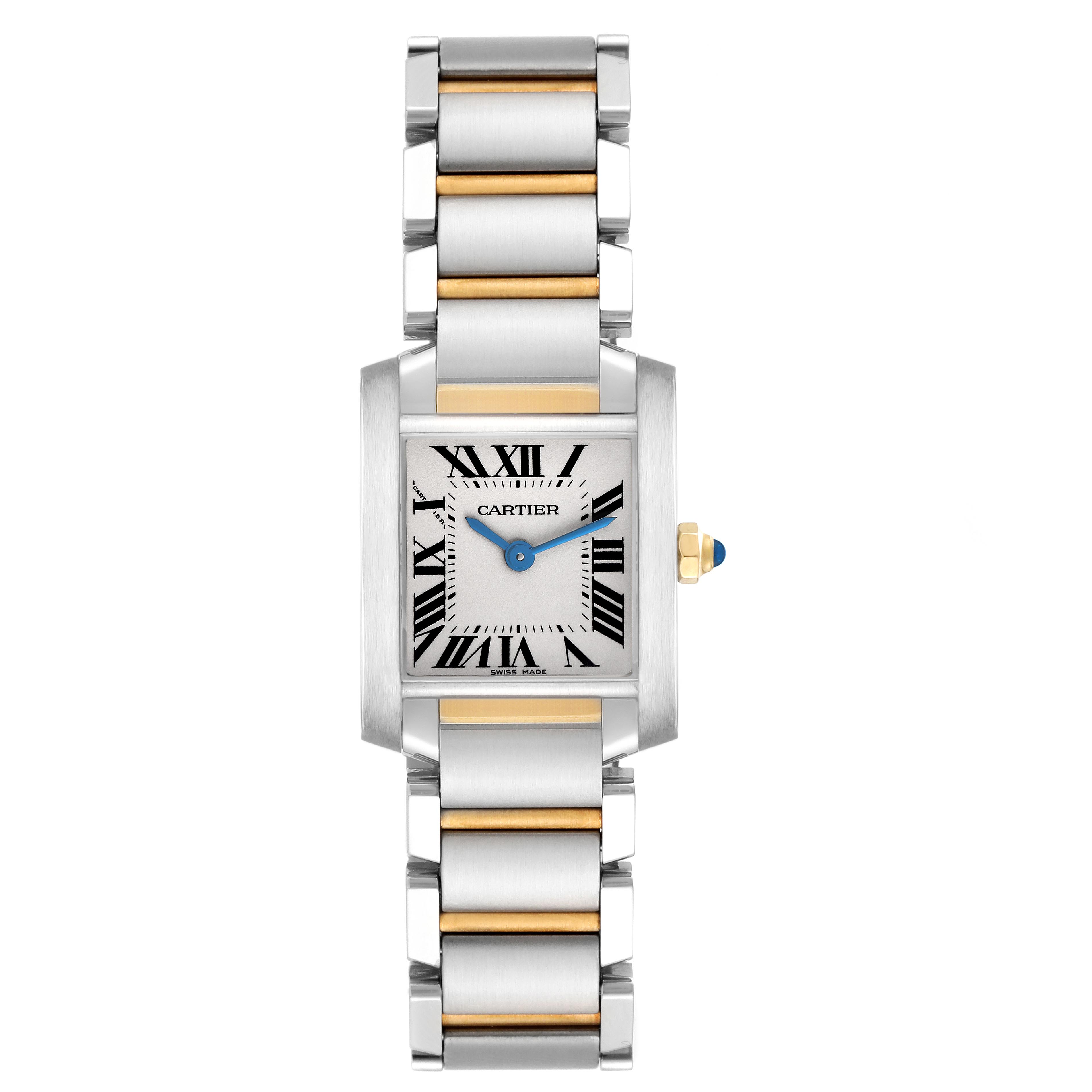 The Cartier Tank Française watch is shown from a top view, highlighting its rectangular face and two-tone metal bracelet.