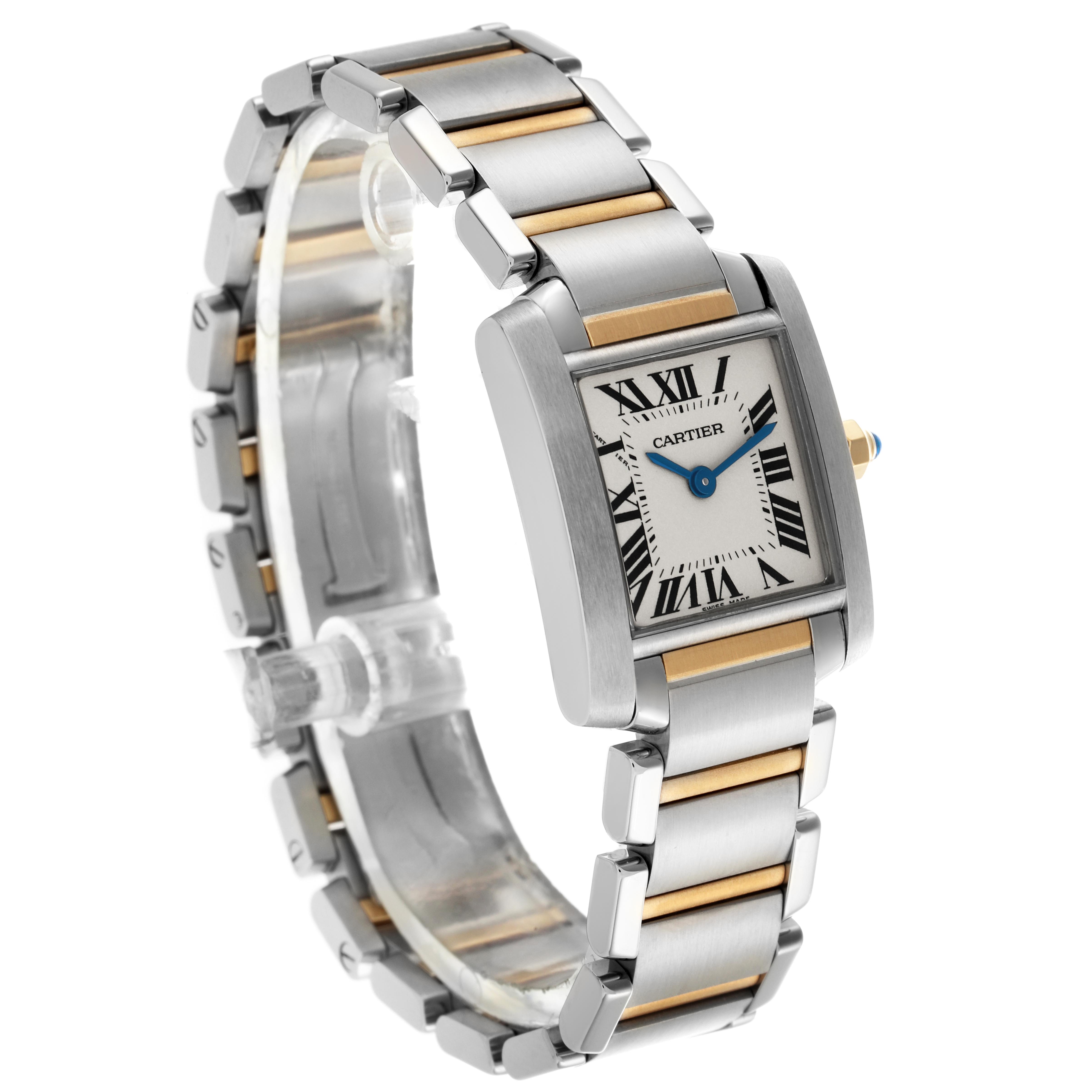 The Cartier Tank Francaise W51007Q4 Women
s Steel and Gold (two tone) Silver Dial W51007Q4 Women
s Steel and Gold (two tone) Silver Dial watch is shown at a three-quarter angle, highlighting the face, crown, and metal bracelet with gold accents.