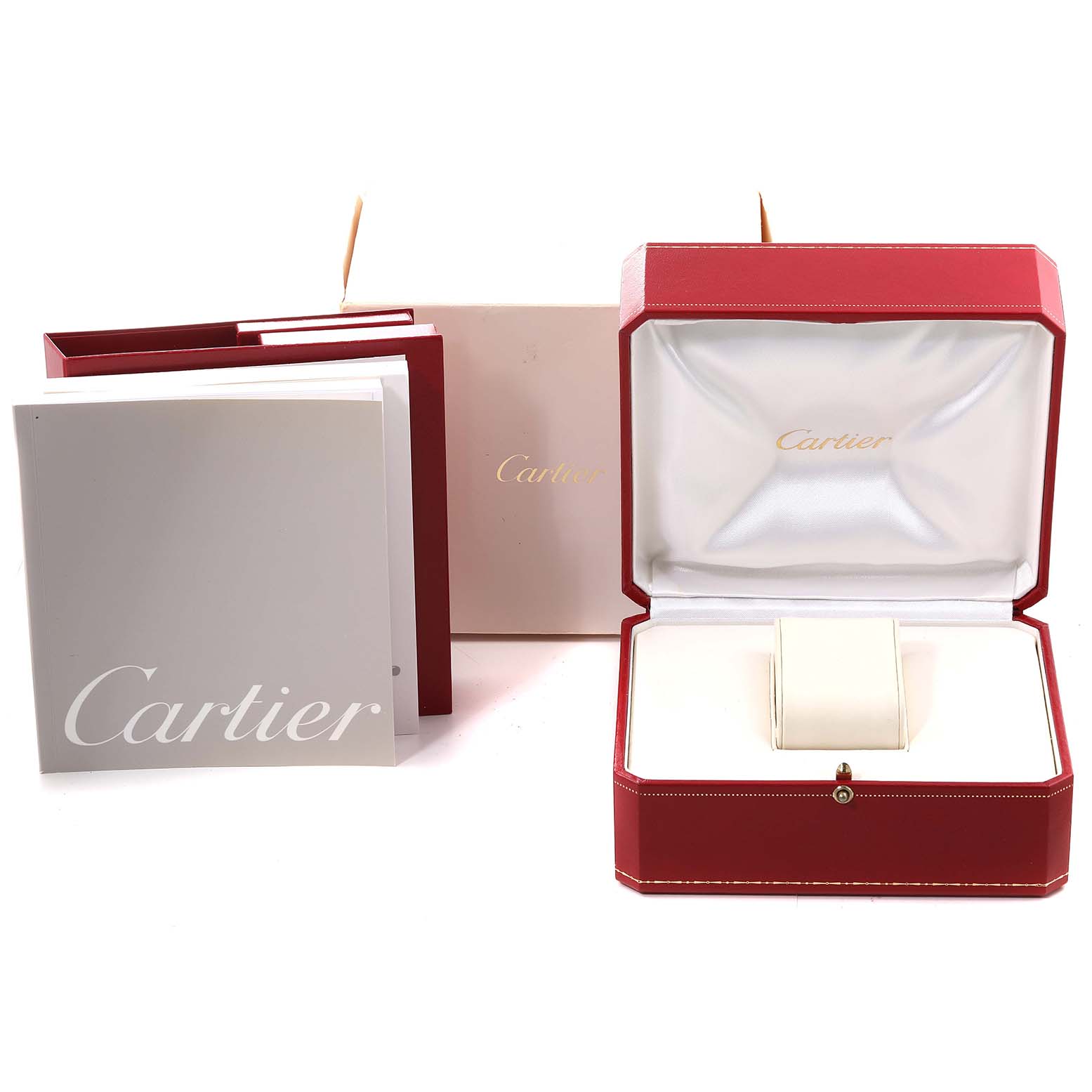 The image shows the packaging and accessories of the Cartier Tank Francaise W51007Q4 Women's Steel and Gold (two tone) Silver Dial W51007Q4 Women's Steel and Gold (two tone) Silver Dial watch, including the watch box and user manuals.