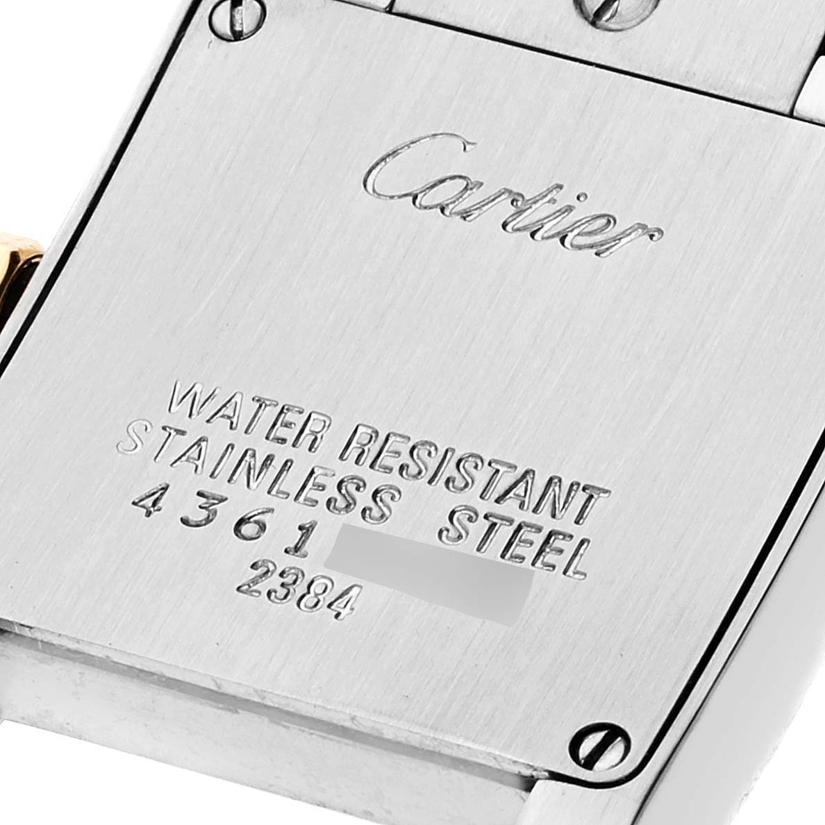 This image shows the back case of a Cartier Tank Francaise W51007Q4 Women's Steel and Gold (two tone) Silver Dial W51007Q4 Women's Steel and Gold (two tone) Silver Dial watch, highlighting its water resistance and stainless steel specifications.