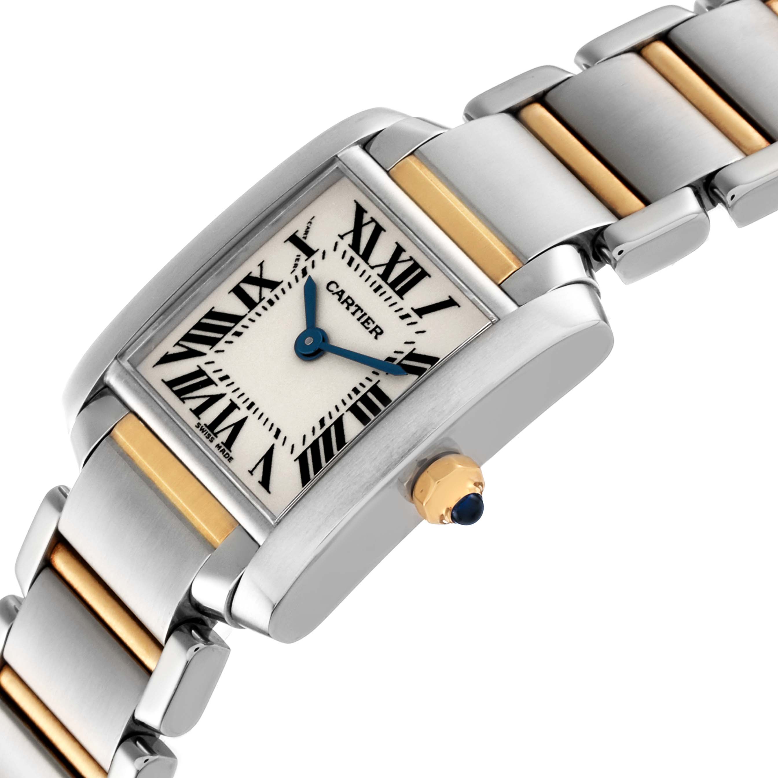 The image shows a Cartier Tank Française model watch, highlighting the dial, crown, and two-tone bracelet from a side angle.