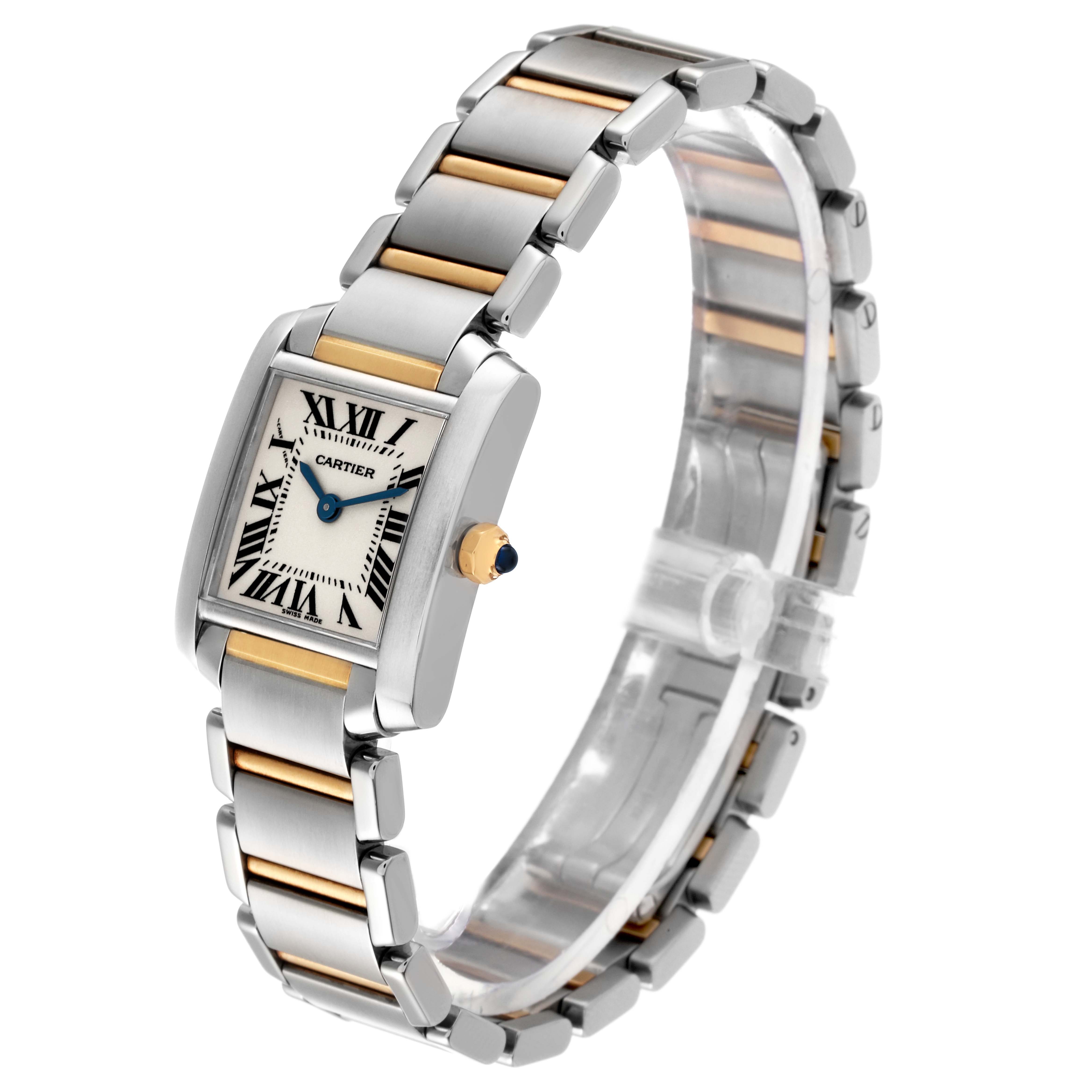 The image shows a Cartier Tank Francaise W51007Q4 Women's Steel and Gold (two tone) Silver Dial W51007Q4 Women's Steel and Gold (two tone) Silver Dial watch at a slight angle, highlighting its bracelet, case, and crown.