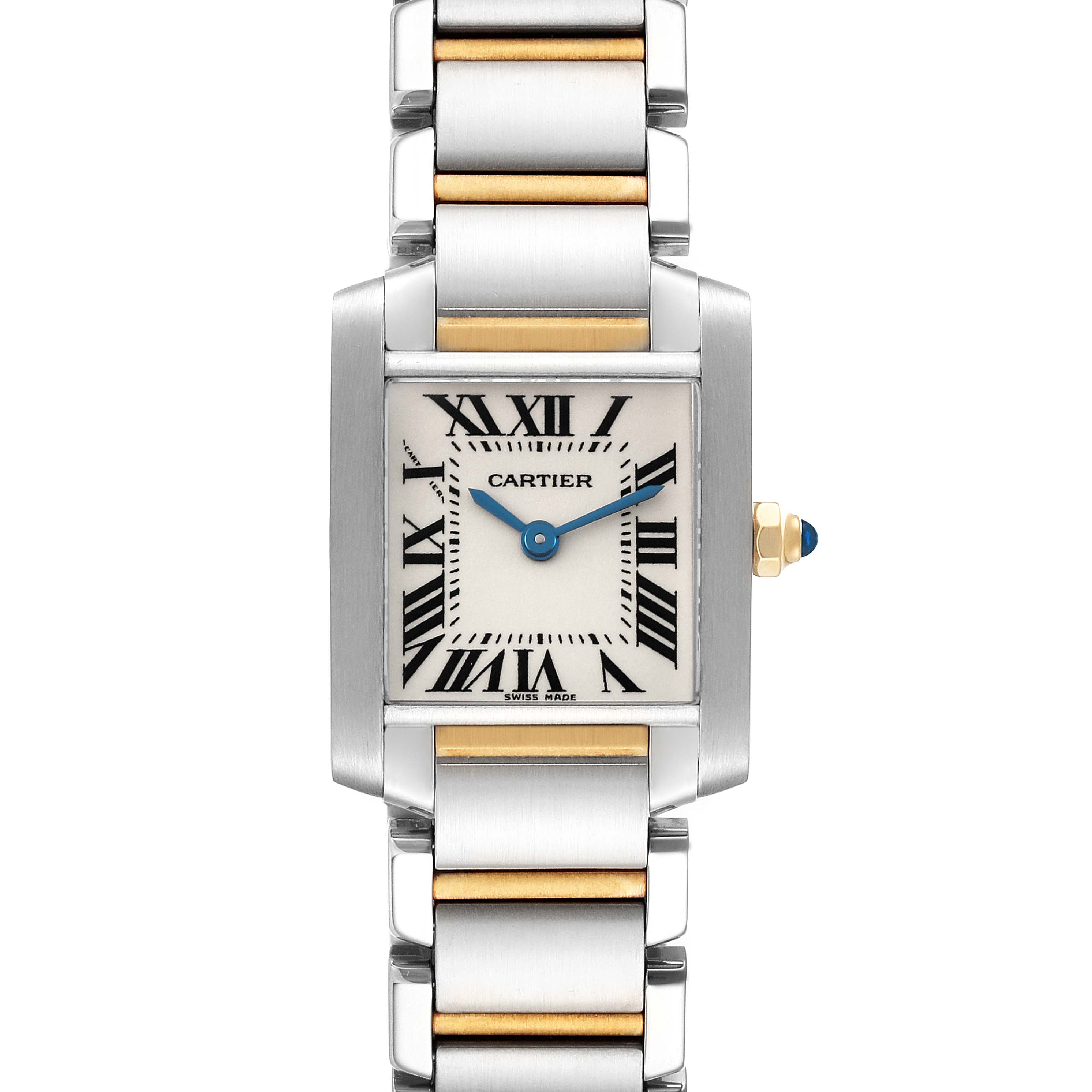 The Cartier Tank Francaise W51007Q4 Women's Steel and Gold (two tone) Silver Dial W51007Q4 Women's Steel and Gold (two tone) Silver Dial is shown from a top-down angle, displaying the face, bracelet, and crown with a blue sapphire.