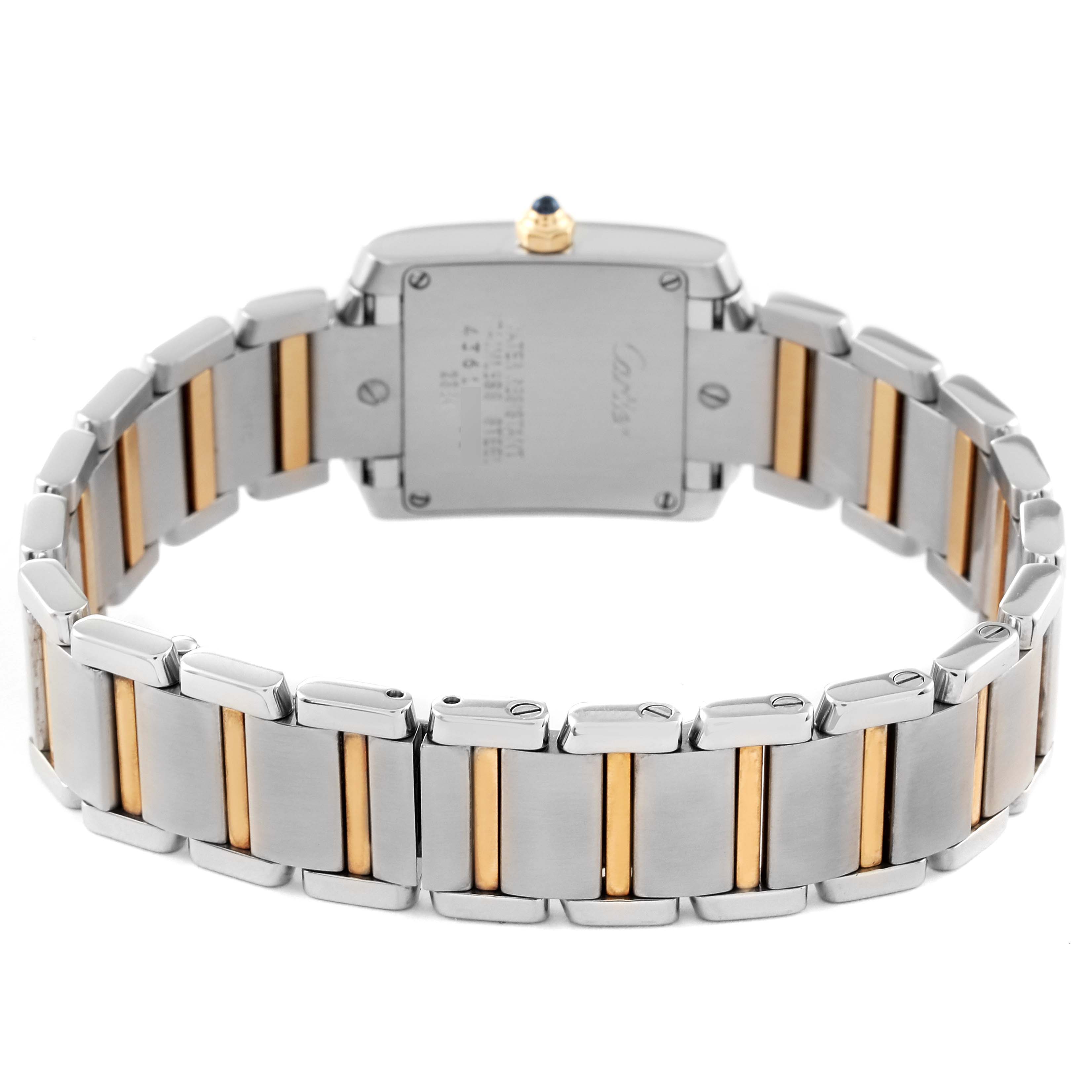 This image shows the back view of the Cartier Tank Francaise W51007Q4 Women's Steel and Gold (two tone) Silver Dial W51007Q4 Women's Steel and Gold (two tone) Silver Dial watch, focusing on the bracelet and case back.