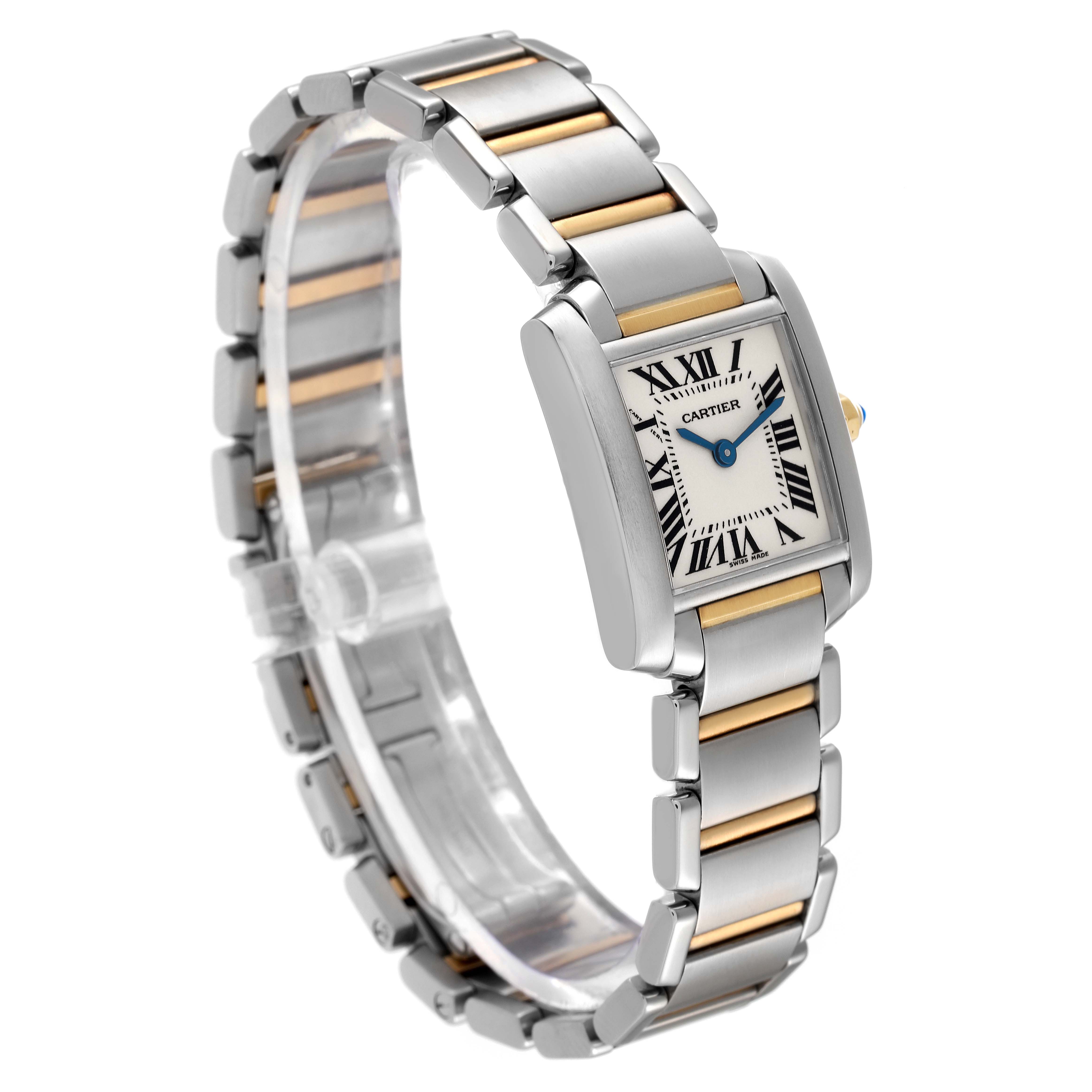 The image shows a side view of a Cartier Tank Française watch, displaying its face, bracelet, and two-tone links.