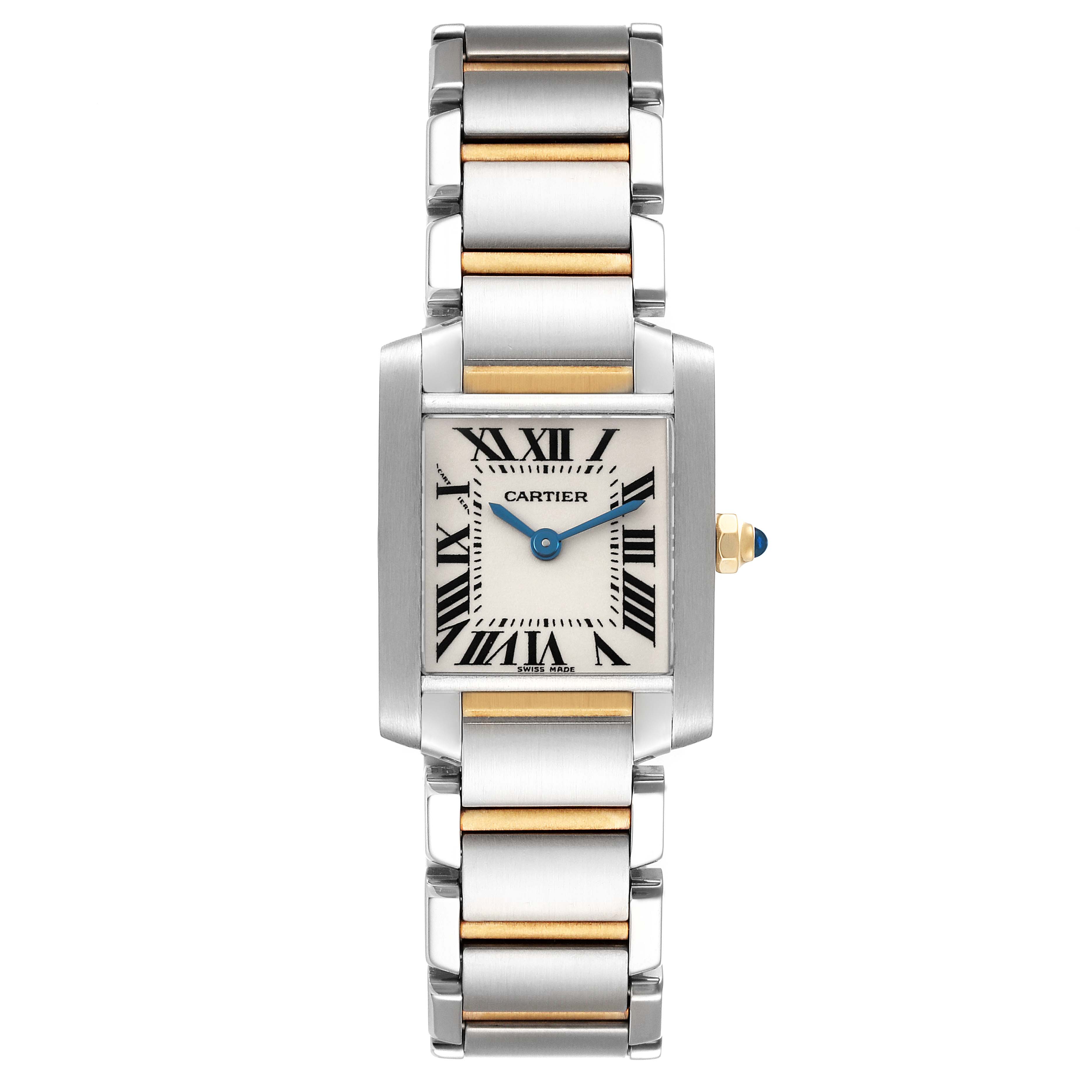 The image shows the front view of a Cartier Tank Française watch, displaying its face, dial, and metal bracelet.