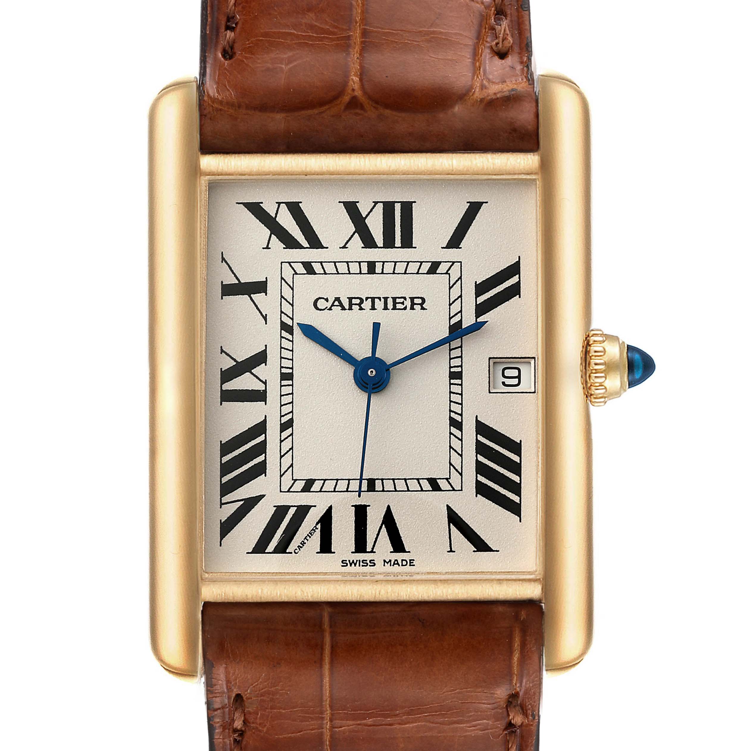 The Tank Louis model by Cartier is shown from a front angle, highlighting the rectangular face, brown leather strap, and details.