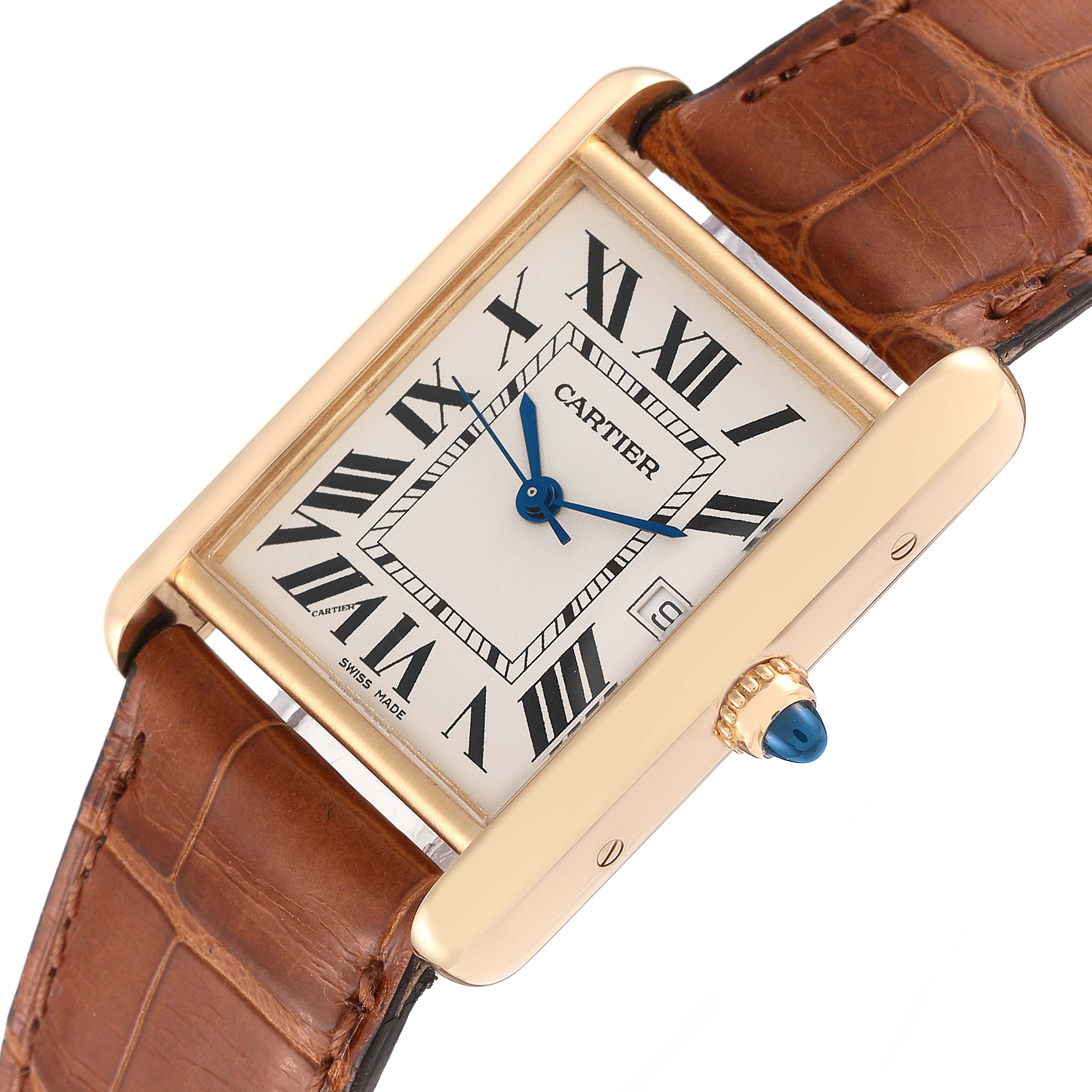 The image shows a top view of a Cartier Tank Louis W1529756 Men's Yellow Gold Silver Dial W1529756 Men's Yellow Gold Silver Dial watch, highlighting the dial, case, strap, and crown.