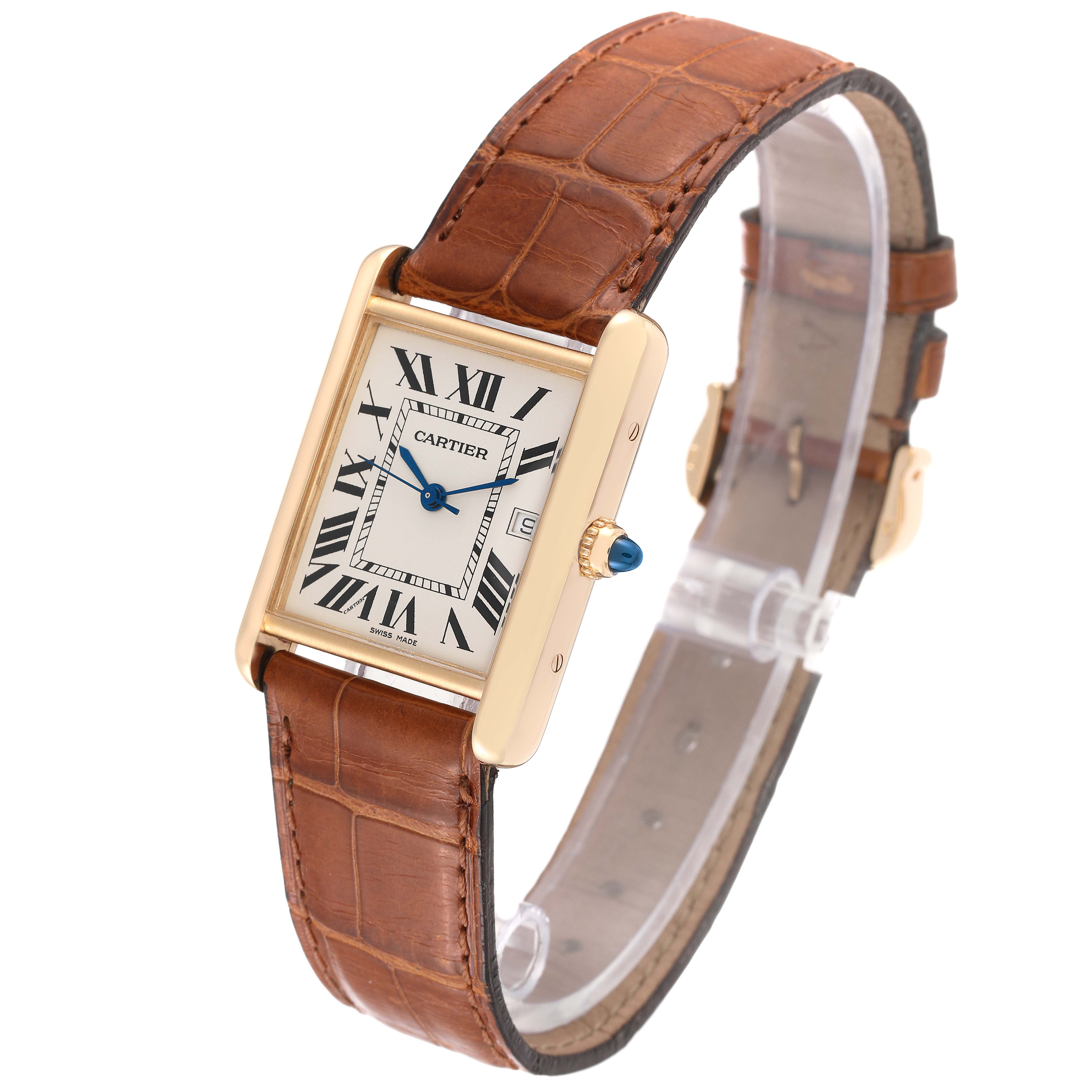 This Cartier Tank Louis W1529756 Men's Yellow Gold Silver Dial W1529756 Men's Yellow Gold Silver Dial watch is shown at a slight angle, highlighting its rectangular face, brown leather strap, and blue hands.