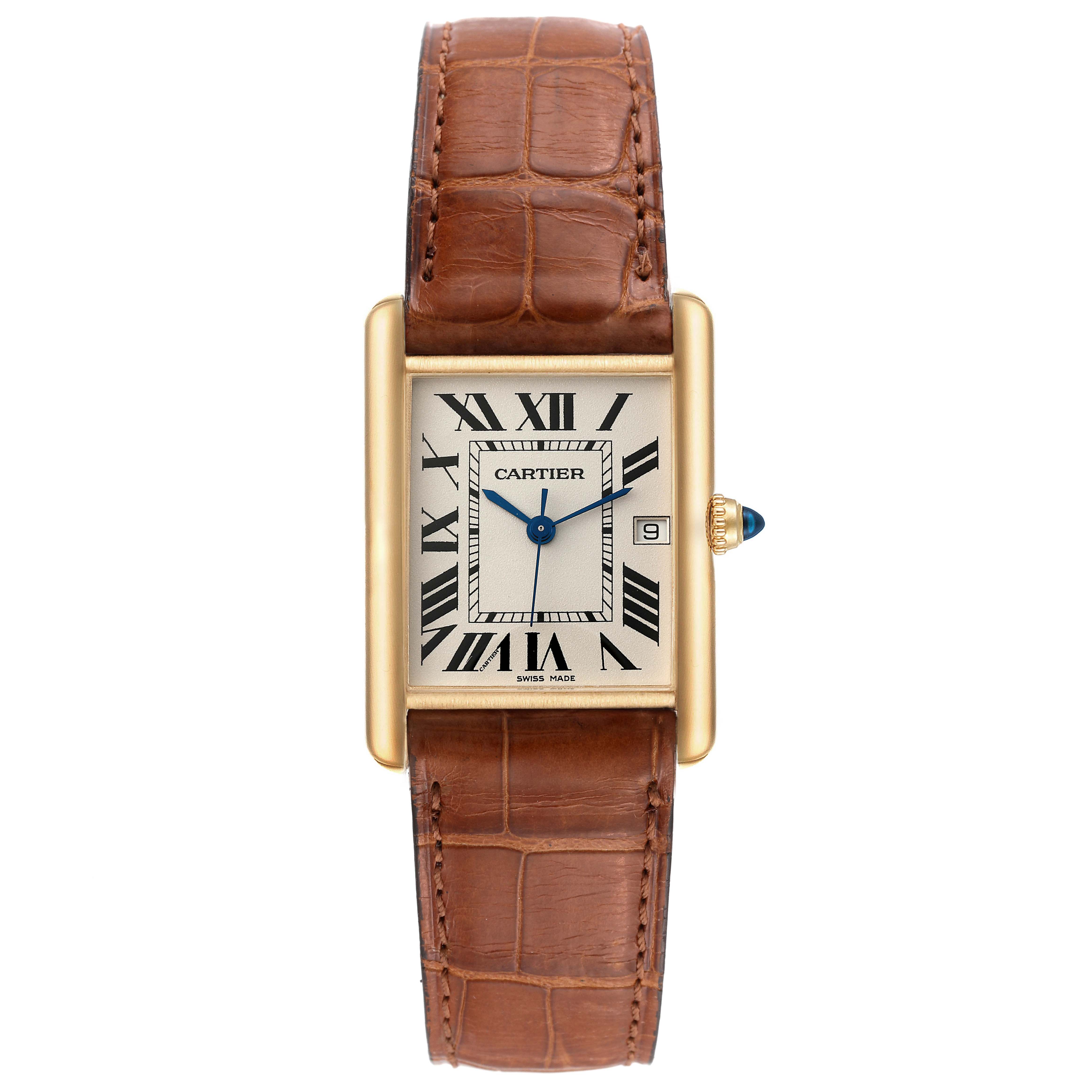 The image shows a front view of the Cartier Tank Louis W1529756 Men's Yellow Gold Silver Dial W1529756 Men's Yellow Gold Silver Dial watch, displaying its brown leather strap, rectangular face with Roman numerals, and date window.