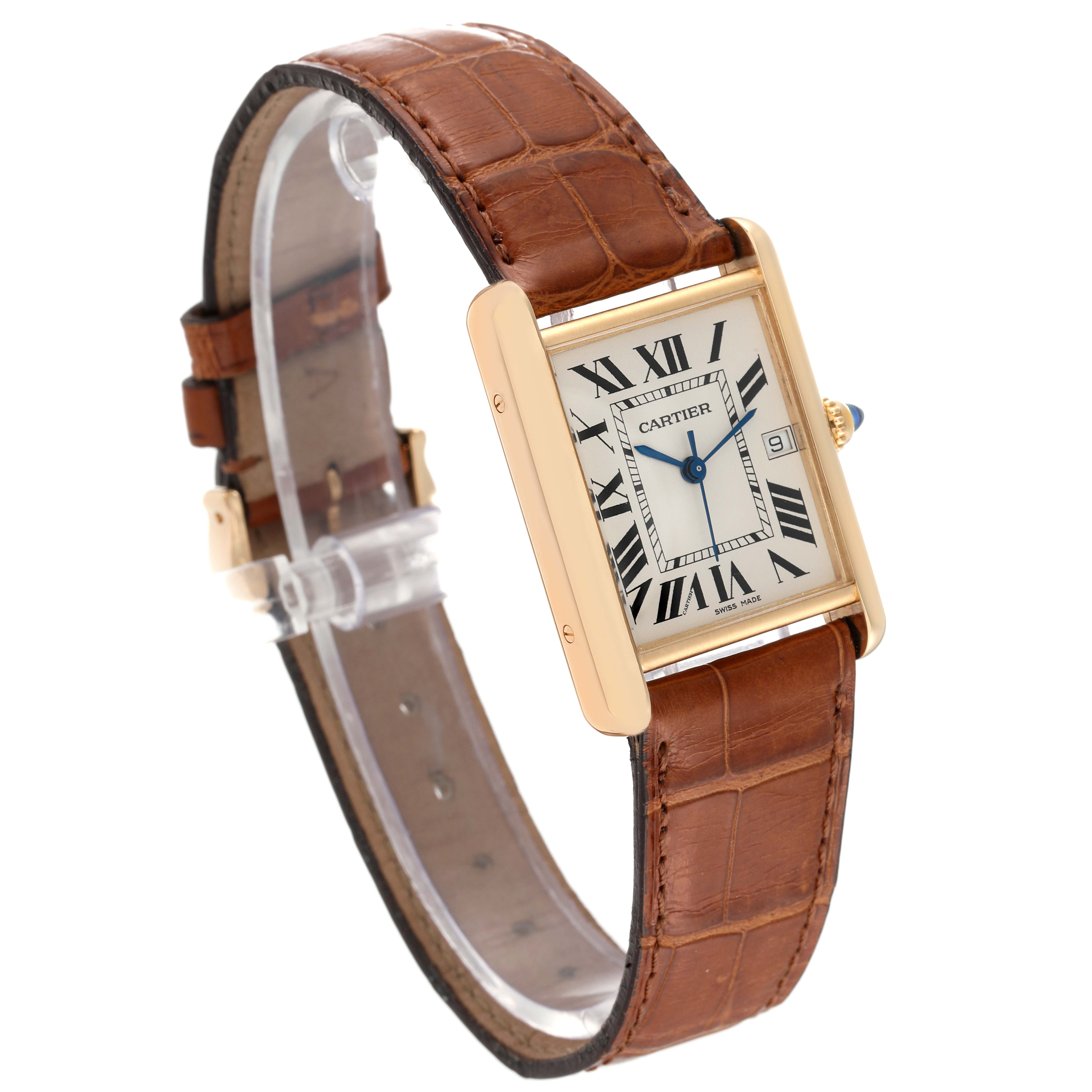 This image shows the Cartier Tank Louis W1529756 Men's Yellow Gold Silver Dial W1529756 Men's Yellow Gold Silver Dial watch at a front-side angle, highlighting the face, case, and leather strap.