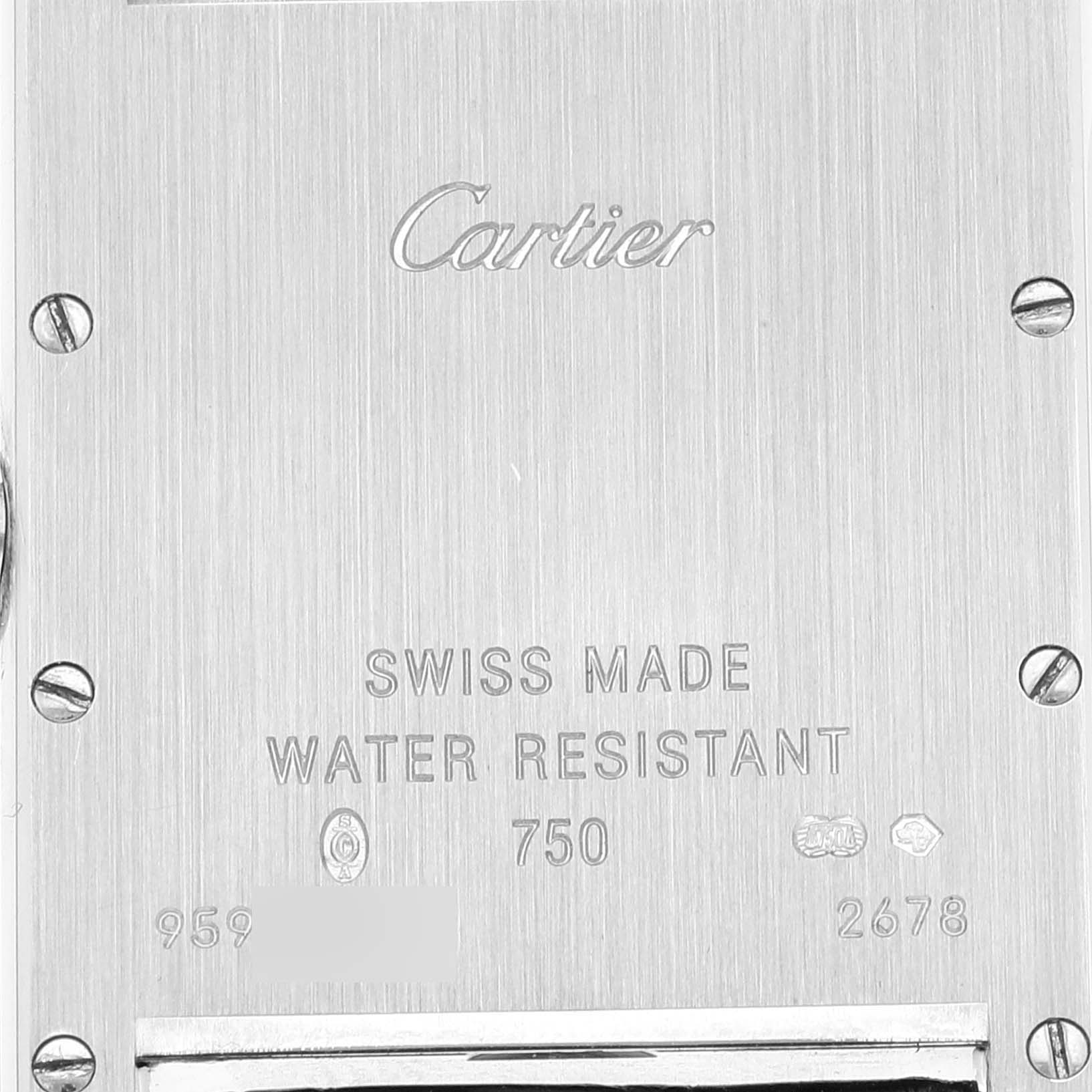 The image shows the back case of a Cartier Tank Louis W1540956 Men's White Gold Silver Dial W1540956 Men's White Gold Silver Dial watch with engraved detailing and screws.