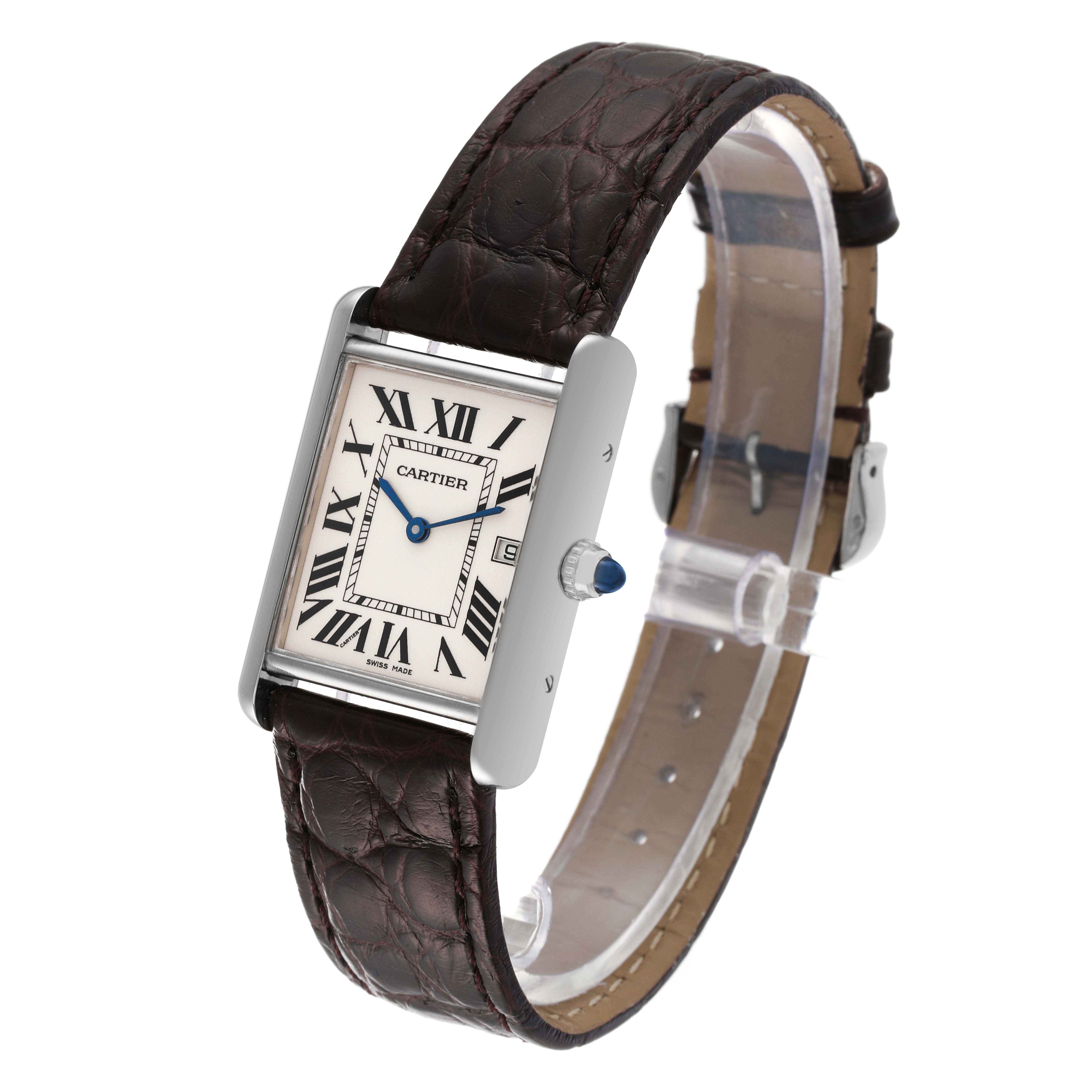 The Tank Louis model by Cartier is shown at a slight angle, displaying its dial, leather strap, and side profile.