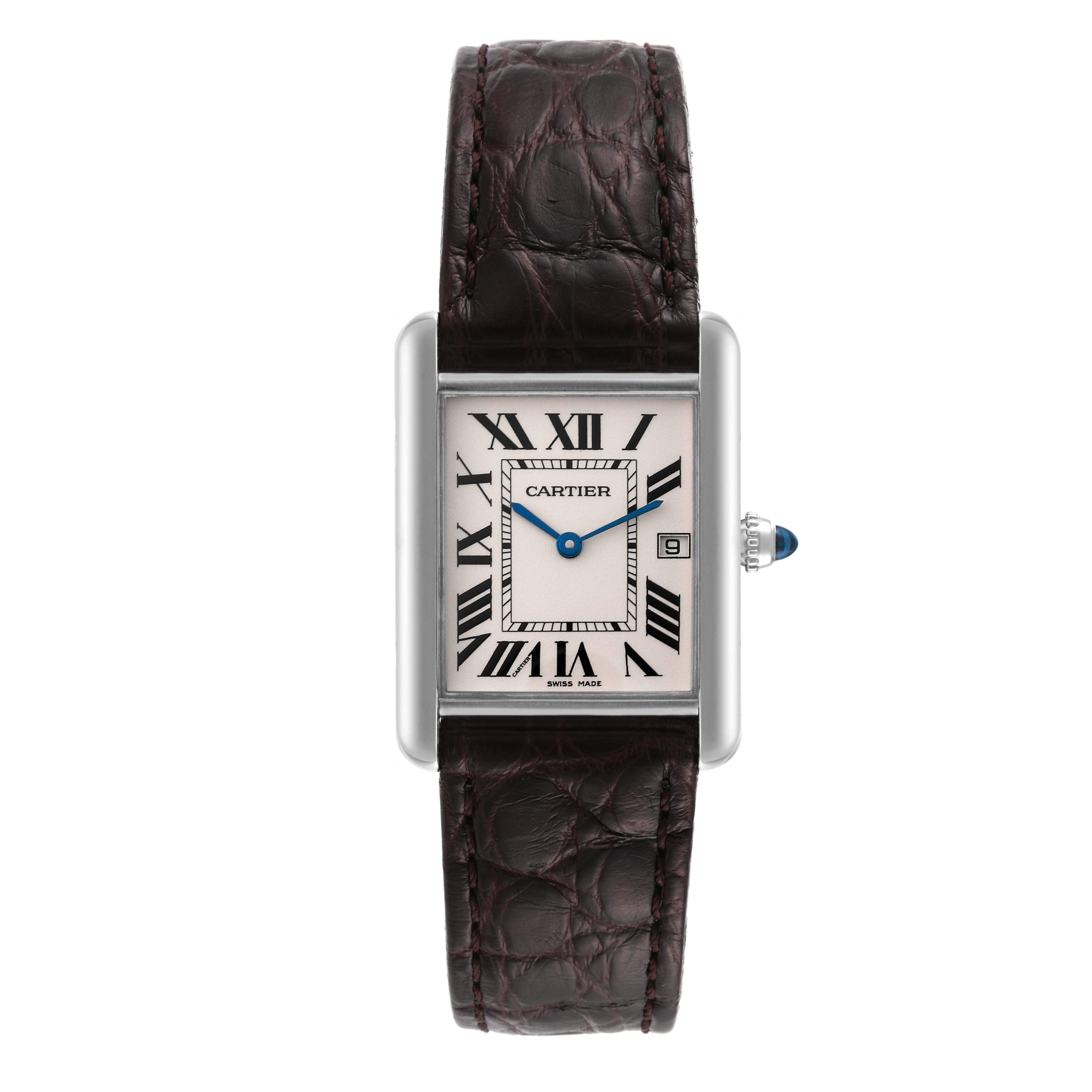 The image shows a front view of a Cartier Tank Louis W1540956 Men's White Gold Silver Dial W1540956 Men's White Gold Silver Dial watch, displaying its rectangular dial, Roman numerals, and brown leather strap.