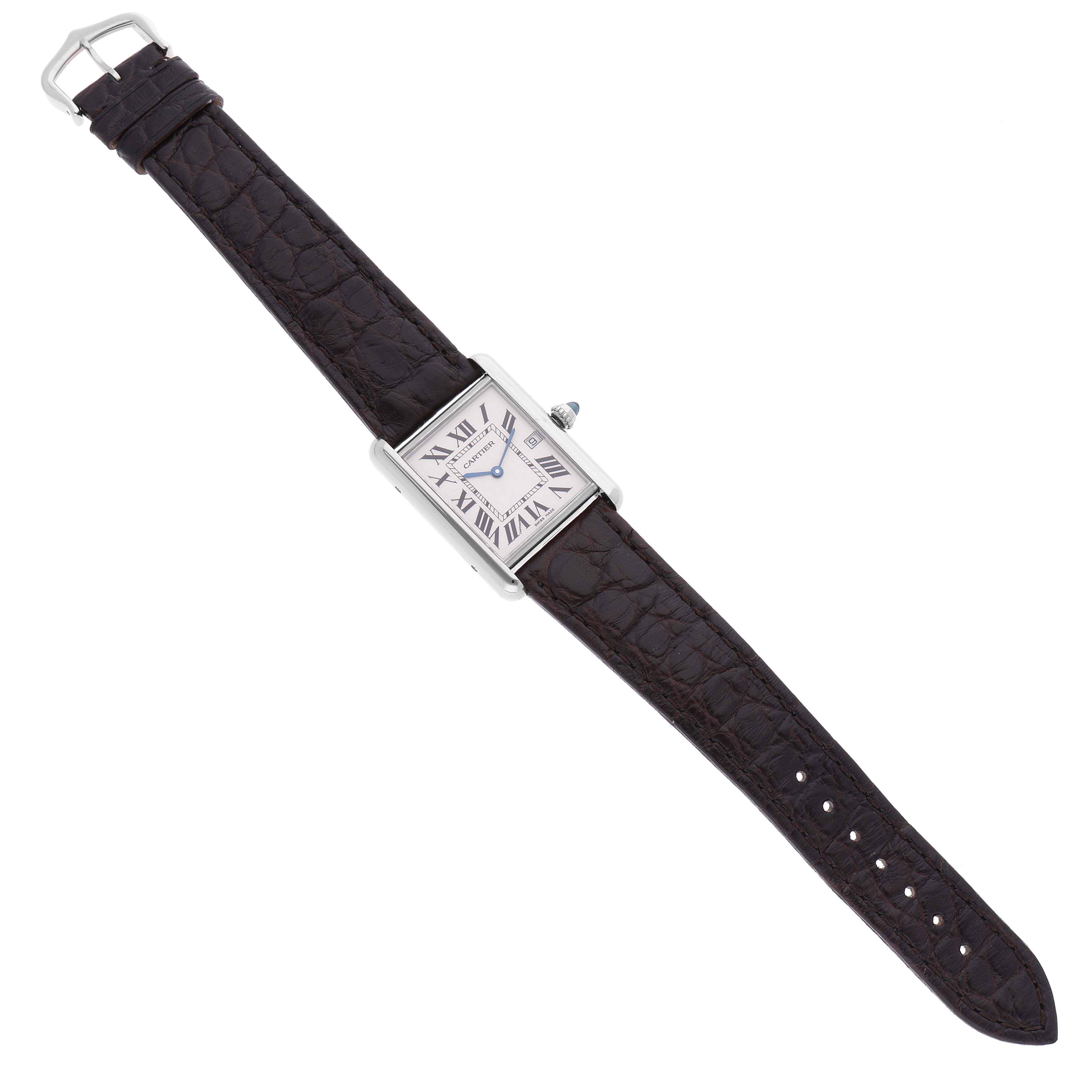 The image shows a top-down view of a Cartier Tank Louis W1540956 Men's White Gold Silver Dial W1540956 Men's White Gold Silver Dial watch, displaying its rectangular face and brown leather strap.