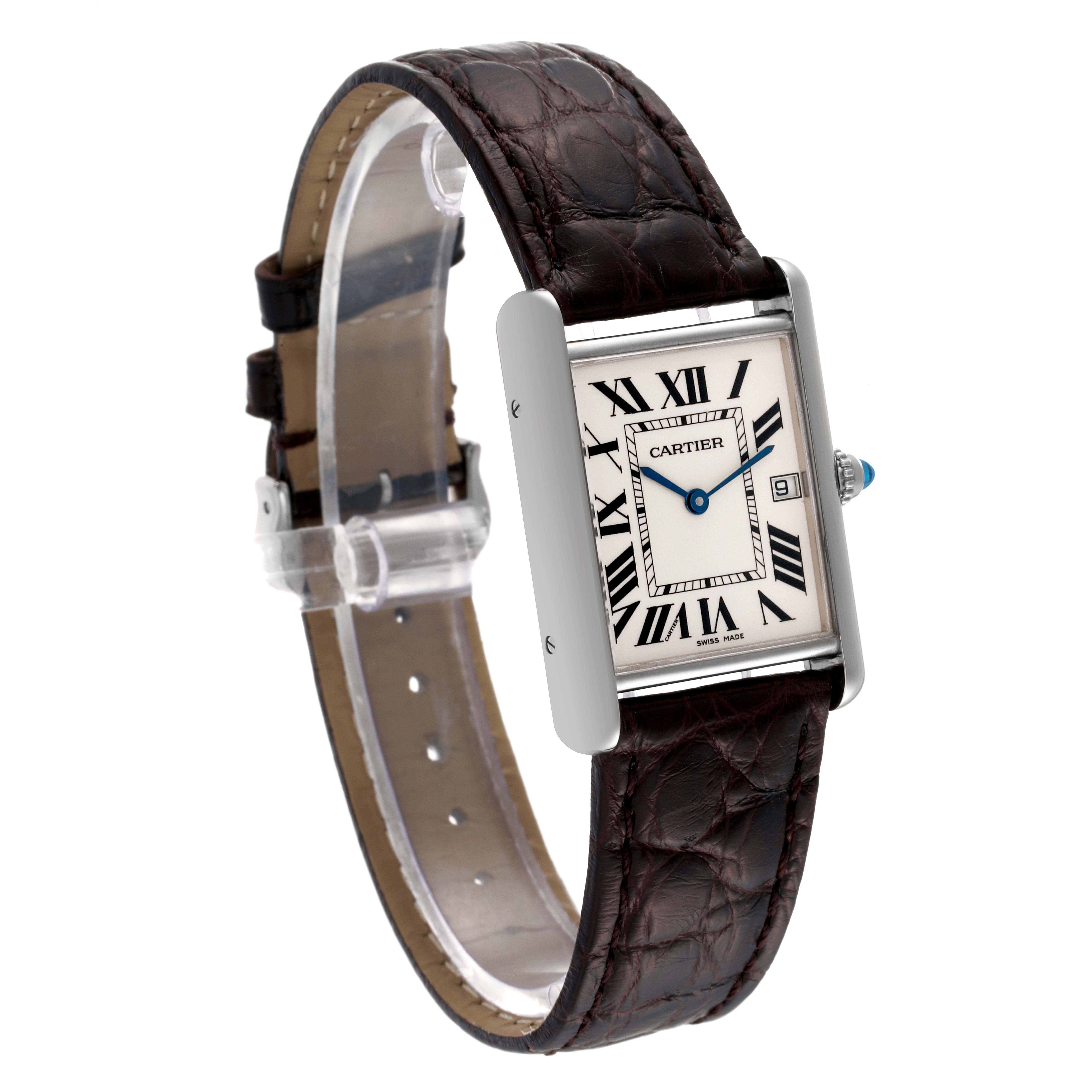 The image shows a Cartier Tank Louis W1540956 Men's White Gold Silver Dial W1540956 Men's White Gold Silver Dial watch at a three-quarter angle, highlighting its face, leather strap, and crown.