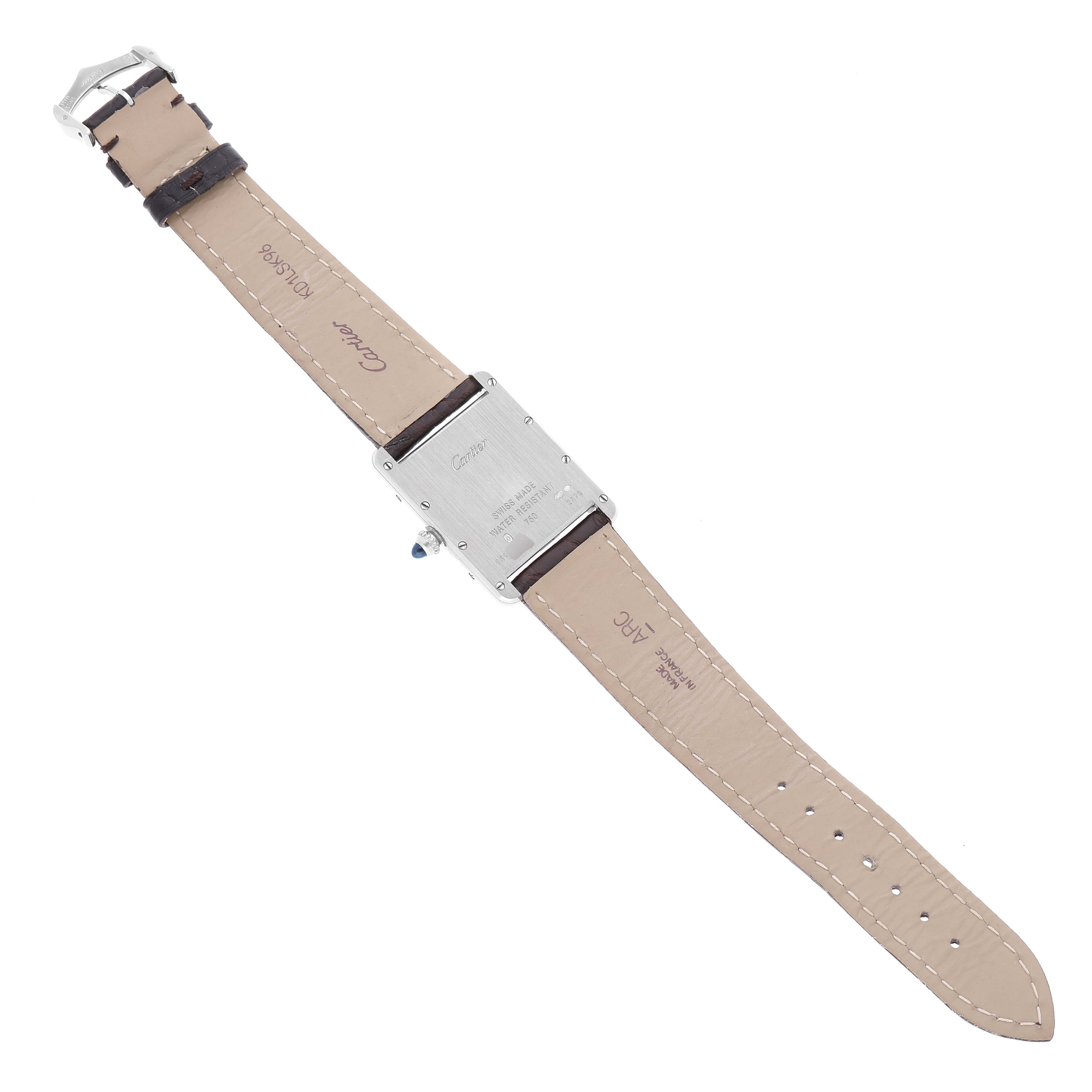 The image shows the back view of a Cartier Tank Louis W1540956 Men's White Gold Silver Dial W1540956 Men's White Gold Silver Dial watch, including the case back and leather strap.