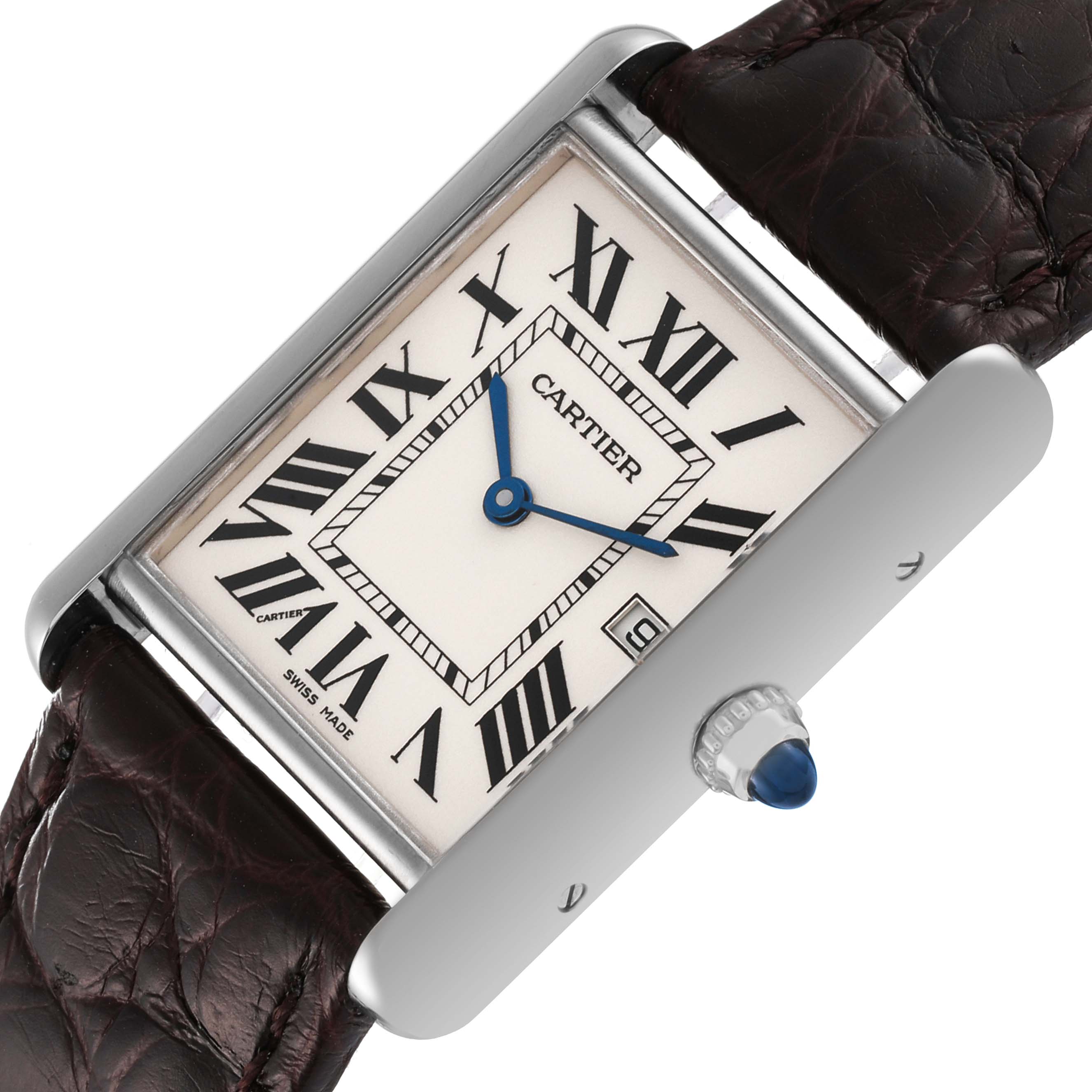 This image shows a Cartier Tank Louis W1540956 Men's White Gold Silver Dial W1540956 Men's White Gold Silver Dial watch at a slight angle, highlighting its rectangular face, Roman numerals, blue hands, and leather strap.