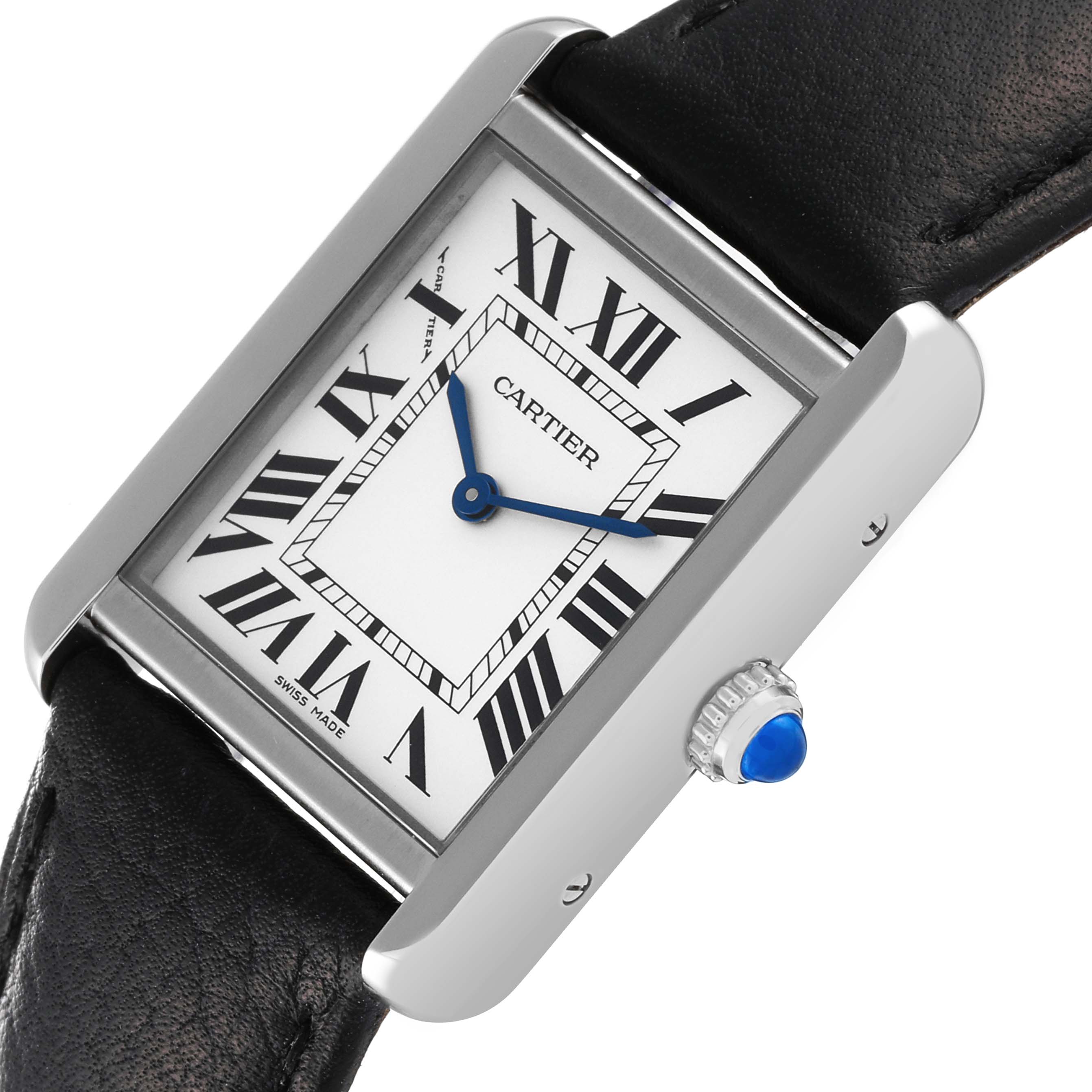 This image shows the dial, case, crown, and part of the strap of the Cartier Tank Solo WSTA0030 Women
s Stainless Steel Silver Dial WSTA0030 Women
s Stainless Steel Silver Dial watch from an angled perspective.