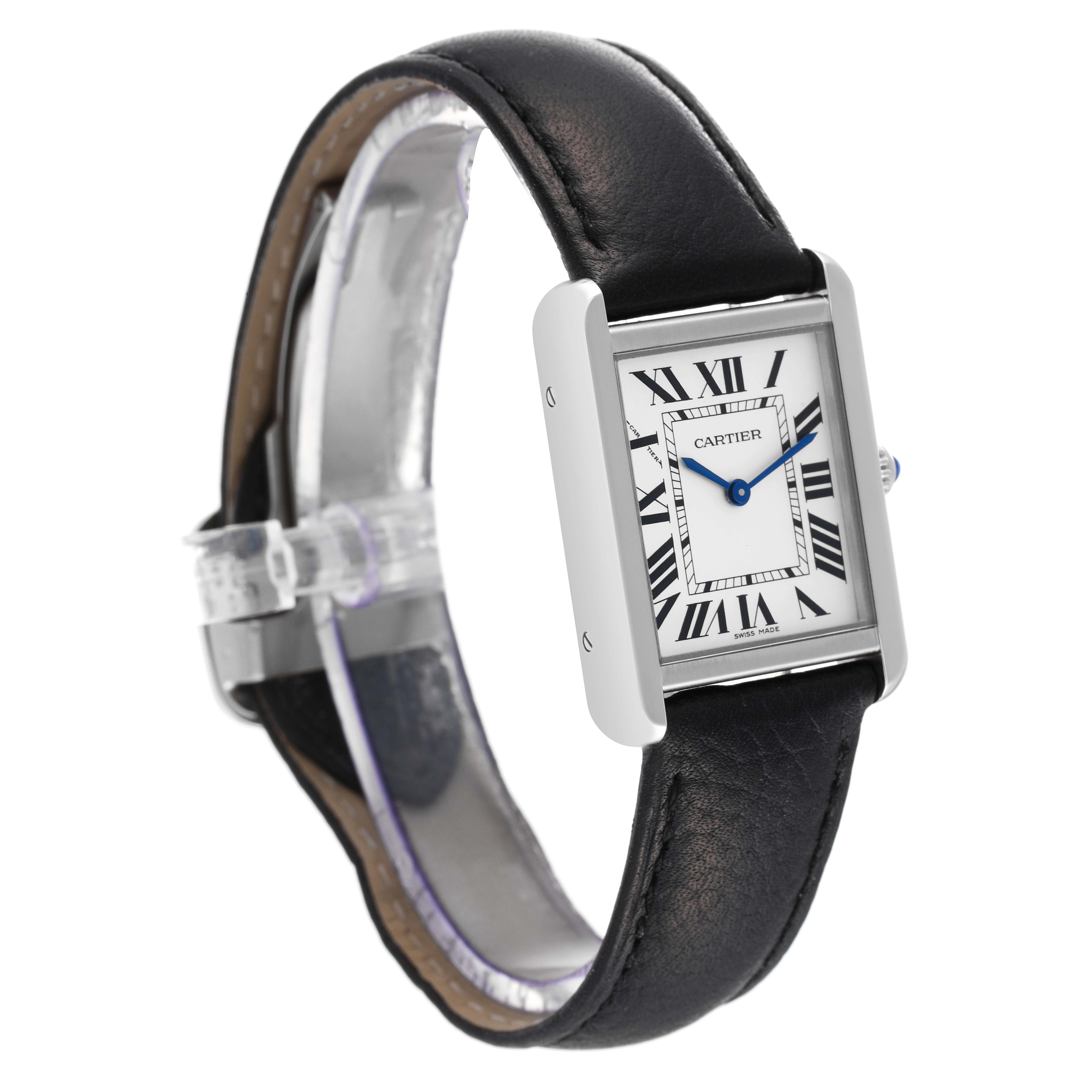 The image shows the Cartier Tank Solo WSTA0030 Women
s Stainless Steel Silver Dial WSTA0030 Women
s Stainless Steel Silver Dial watch at a 3/4 angle, highlighting the rectangular face, Roman numerals, and black leather strap.