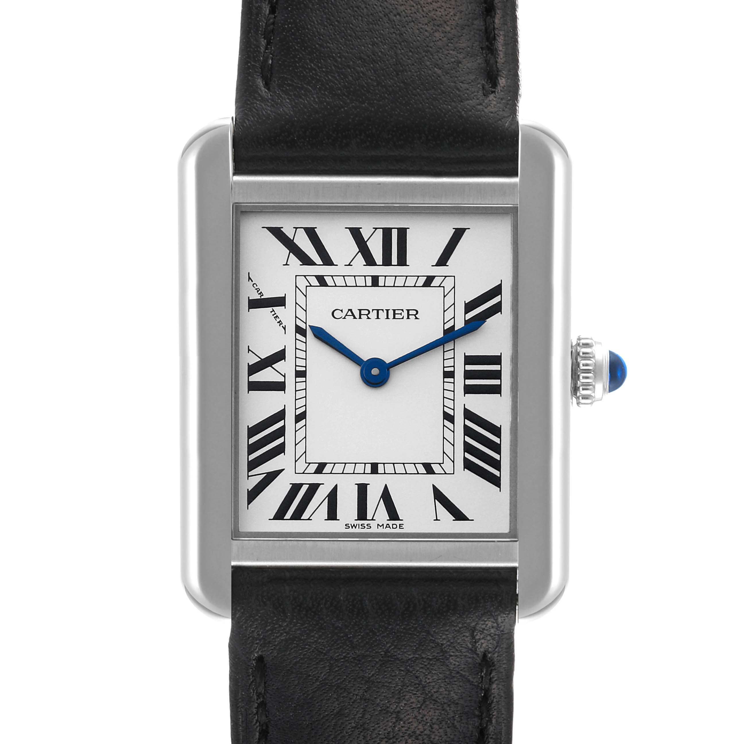 This is a close-up of the Cartier Tank Solo WSTA0030 Women
s Stainless Steel Silver Dial WSTA0030 Women
s Stainless Steel Silver Dial watch showing the face with Roman numerals and part of the leather strap.