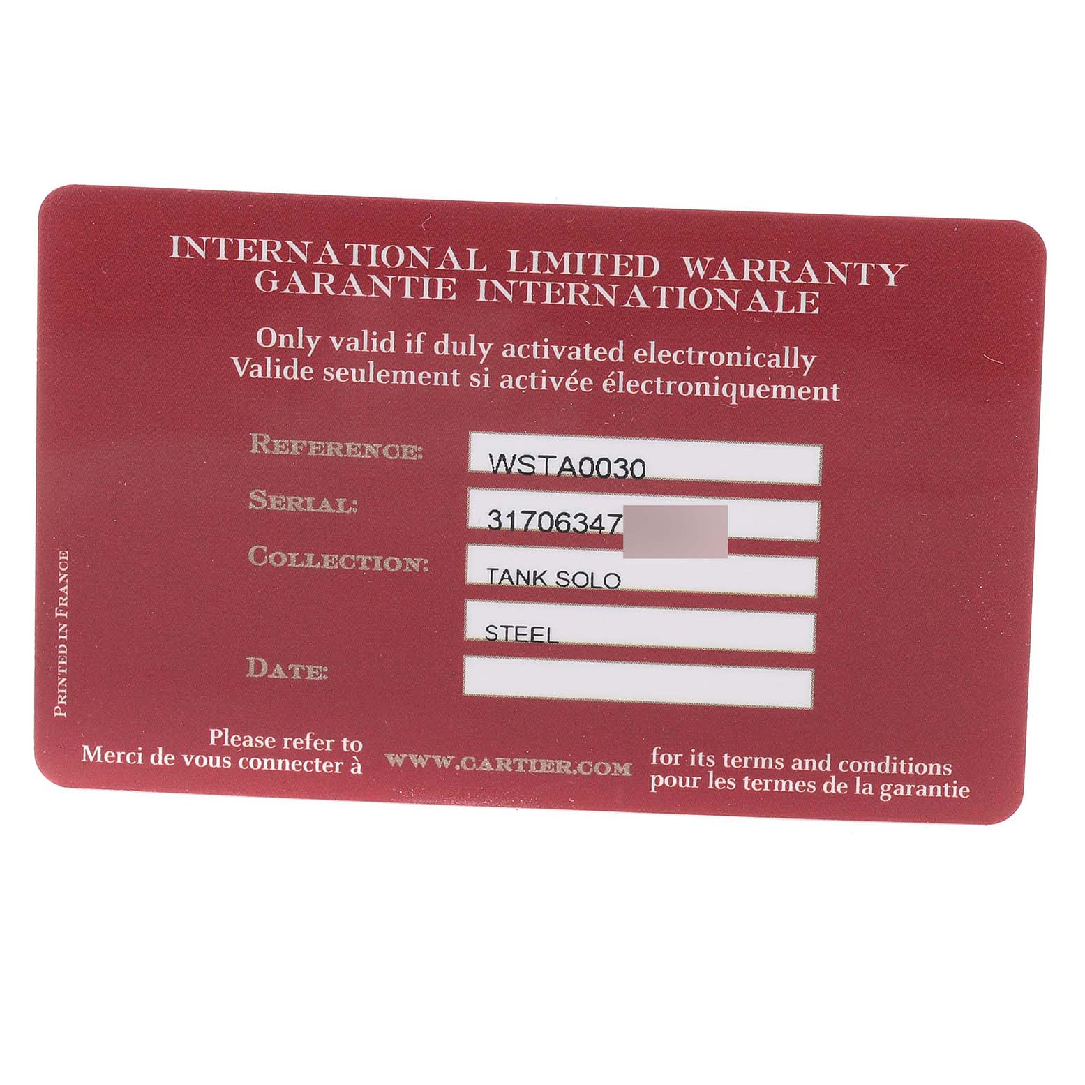 The image shows the warranty card for the Cartier Tank Solo WSTA0030 Women
s Stainless Steel Silver Dial WSTA0030 Women
s Stainless Steel Silver Dial watch, displaying reference, serial number, collection, and date fields.