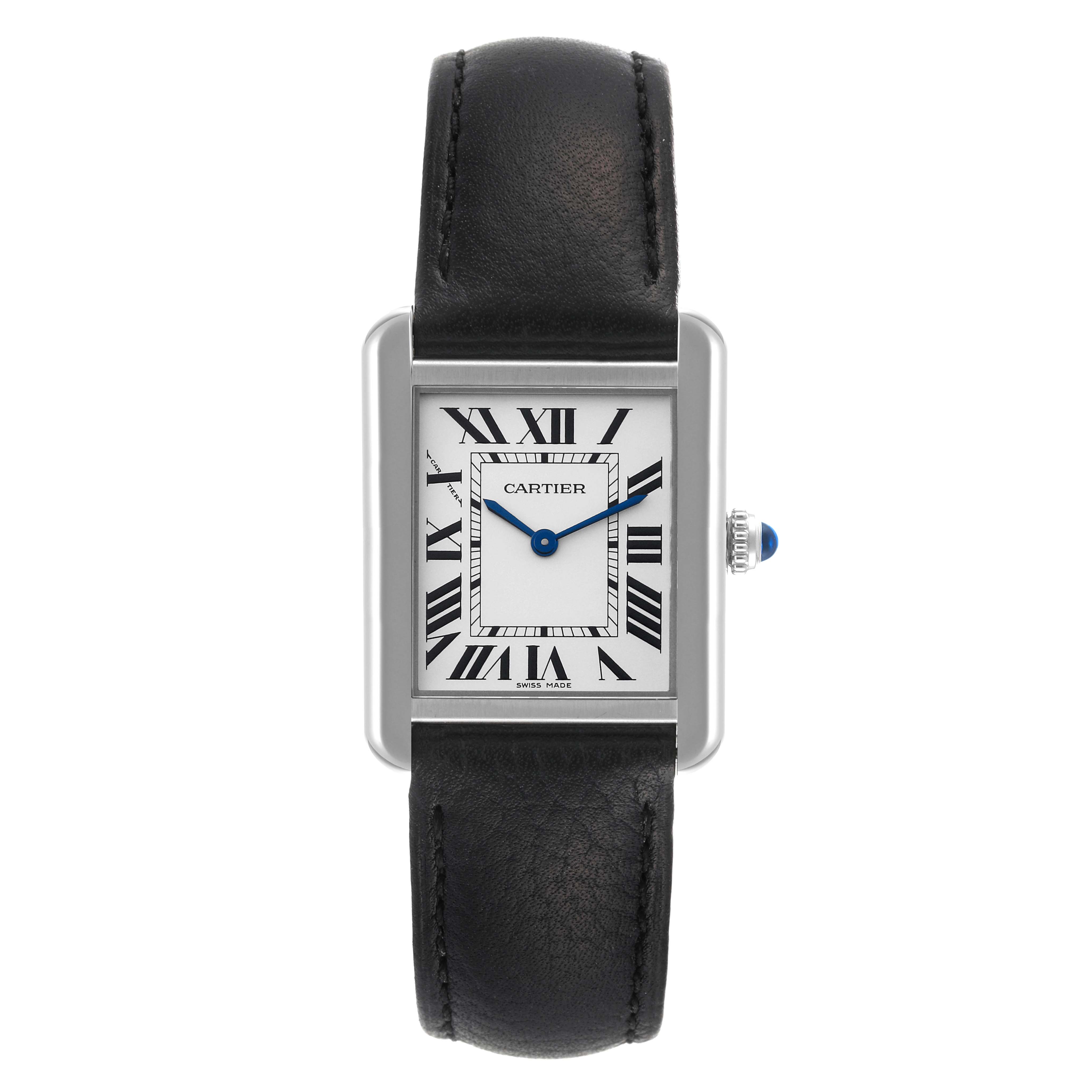 The Cartier Tank Solo WSTA0030 Women
s Stainless Steel Silver Dial WSTA0030 Women
s Stainless Steel Silver Dial watch is shown from a top-down angle, displaying the face, Roman numerals, hands, case, and leather strap.