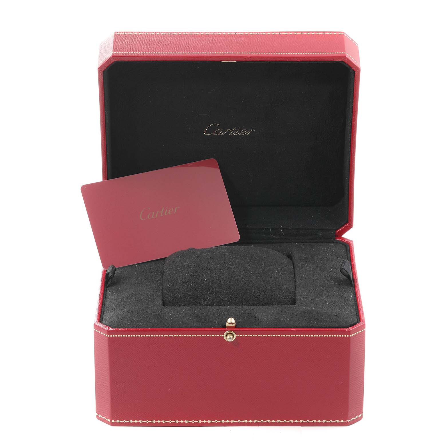 The image shows an open red Cartier box for the Tank Solo model, a display cushion, and an accompanying card.