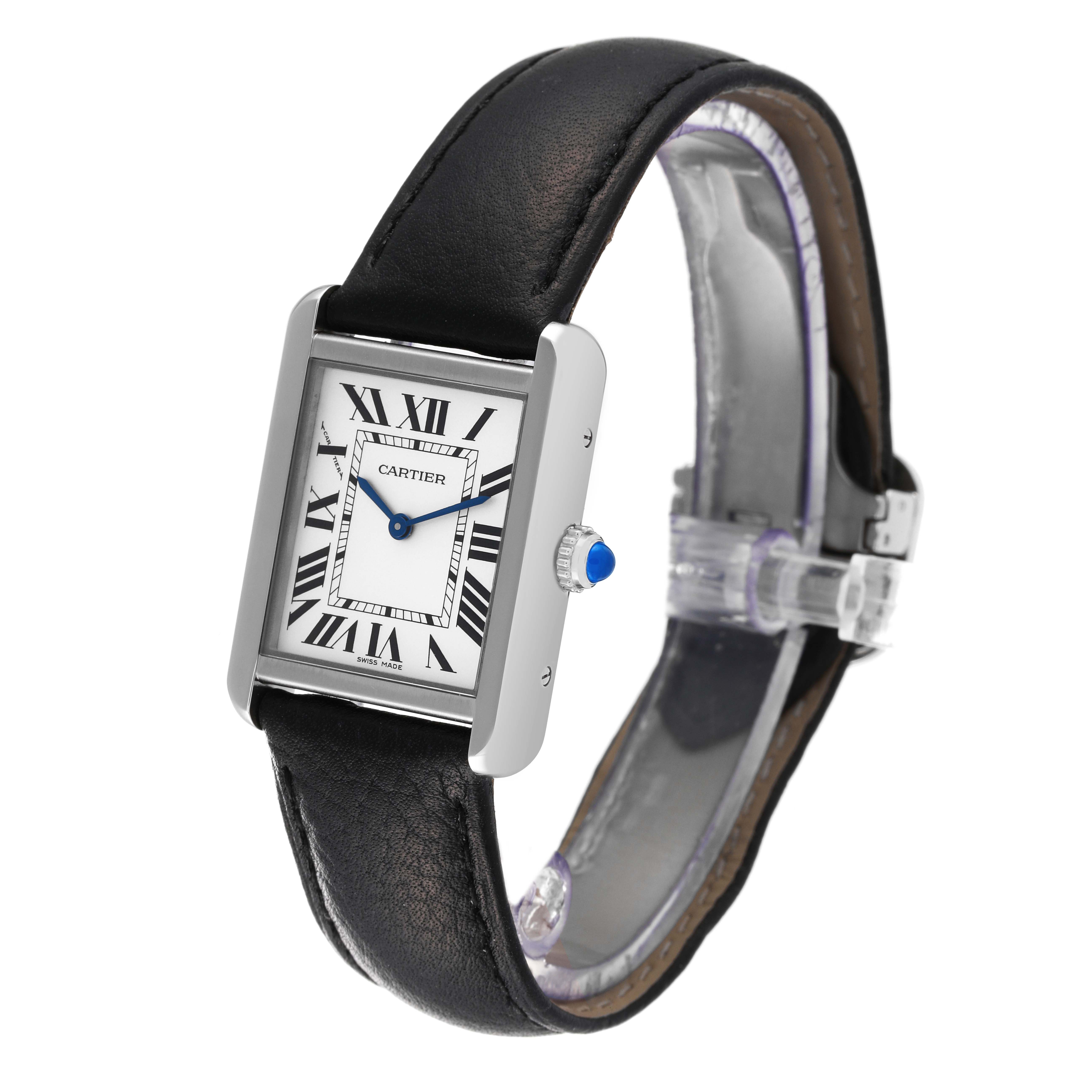 The image shows a Cartier Tank Solo WSTA0030 Women
s Stainless Steel Silver Dial WSTA0030 Women
s Stainless Steel Silver Dial watch at a slight angle, highlighting the face, case, crown, and leather strap.