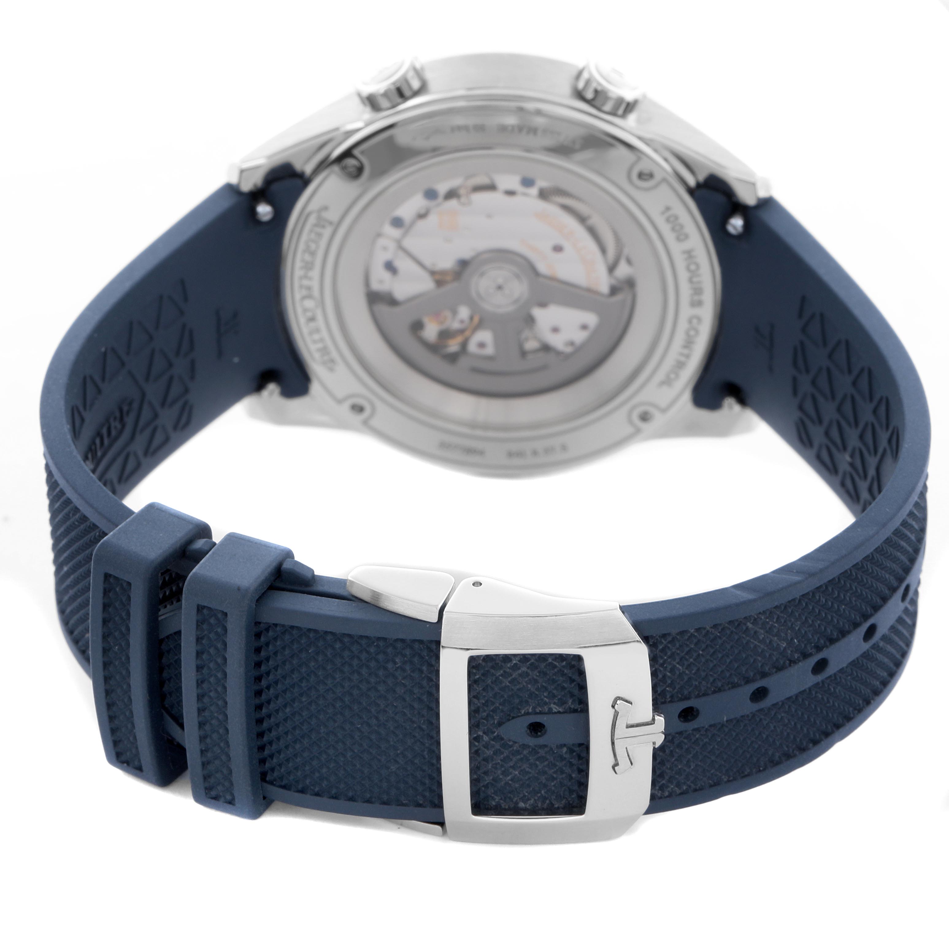 The image shows the back of a Jaeger LeCoultre Polaris Q9008180/841.8.37.S Men
s Stainless Steel Blue Dial Q9008180/841.8.37.S Men
s Stainless Steel Blue Dial watch, emphasizing the movement and the blue strap with buckle.