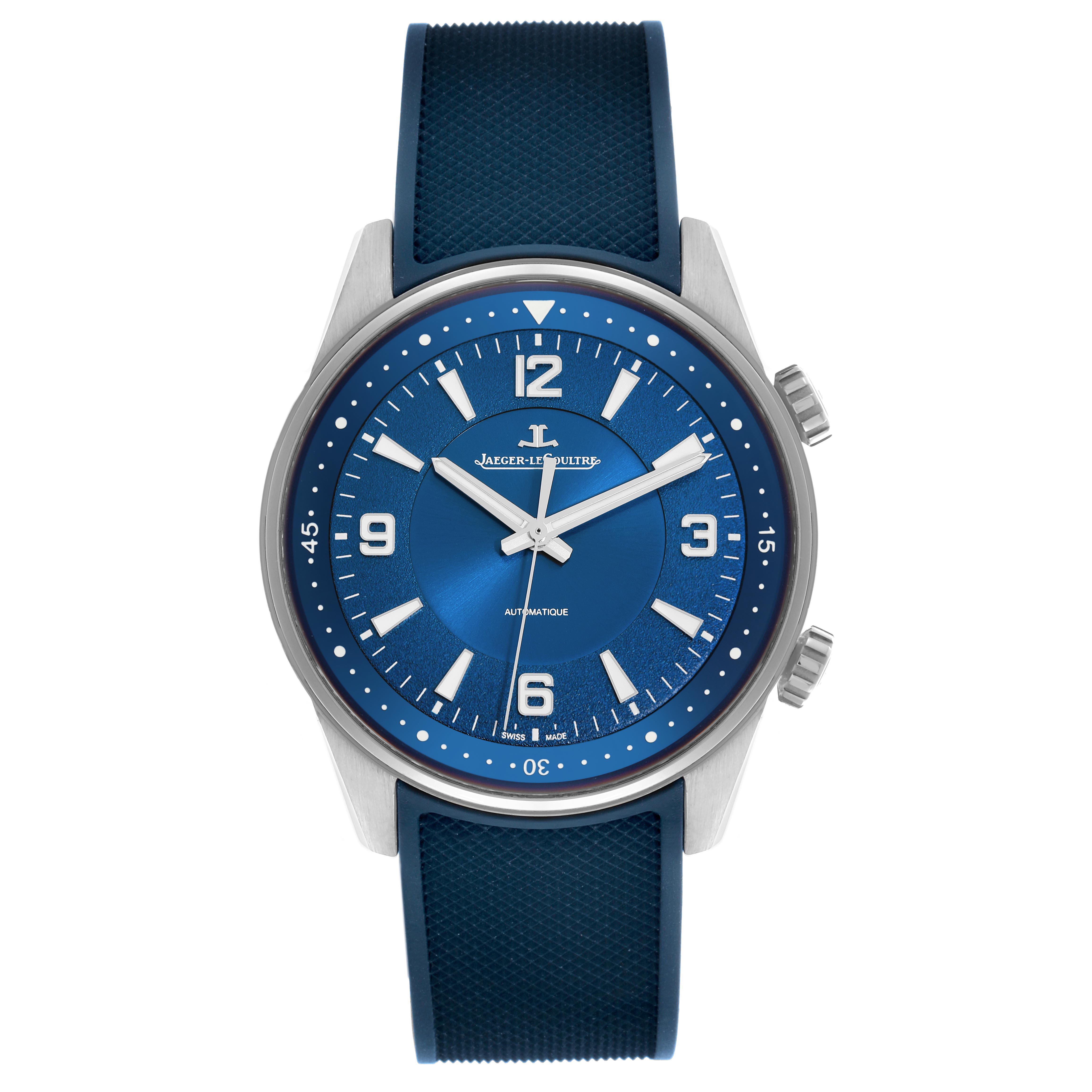 The Jaeger LeCoultre Polaris Q9008180/841.8.37.S Men
s Stainless Steel Blue Dial Q9008180/841.8.37.S Men
s Stainless Steel Blue Dial watch is shown from a top-down angle, highlighting its blue dial and textured strap.