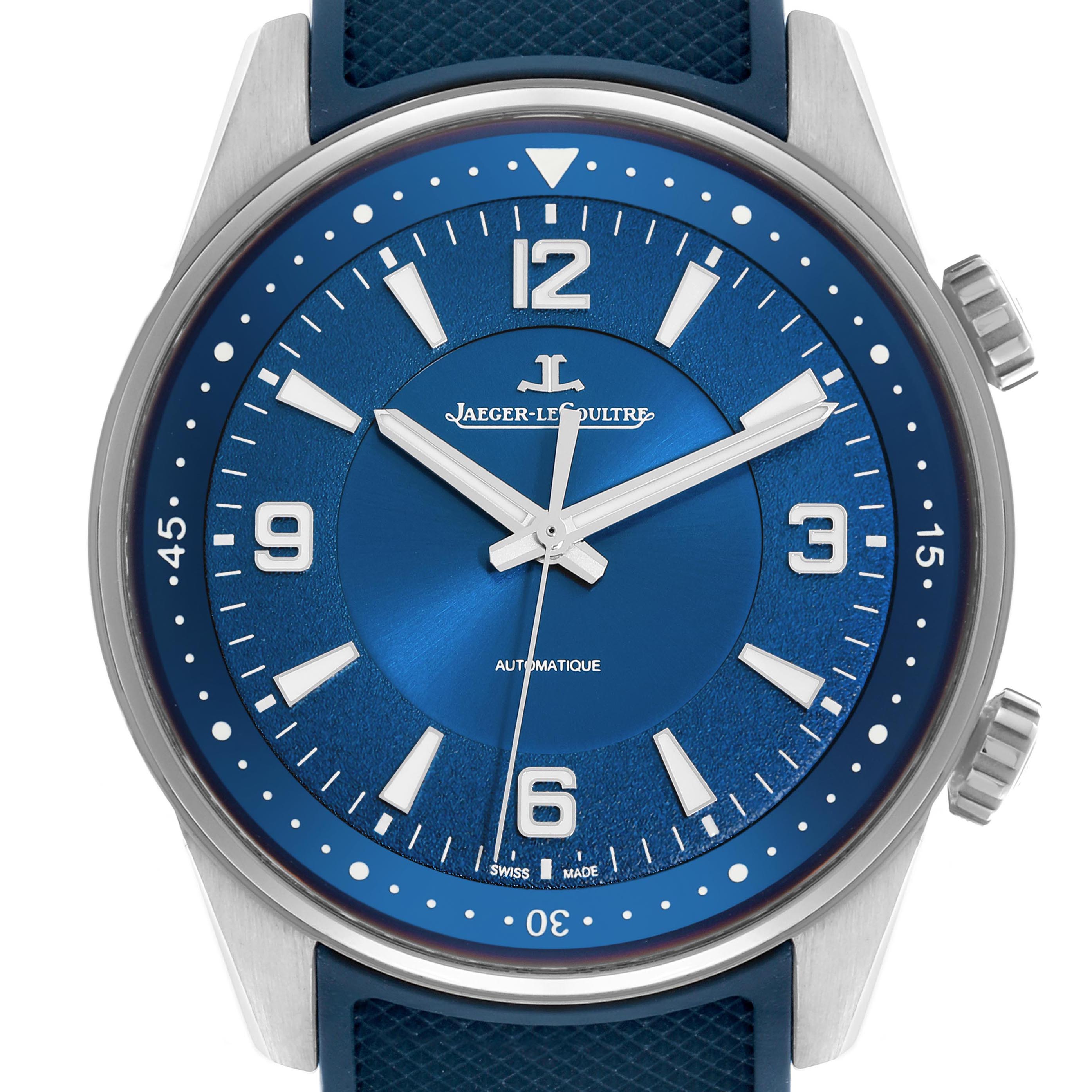 The Jaeger LeCoultre Polaris Q9008180/841.8.37.S Men
s Stainless Steel Blue Dial Q9008180/841.8.37.S Men
s Stainless Steel Blue Dial watch is shown from a top view, displaying the dial, indices, hands, and two crowns.