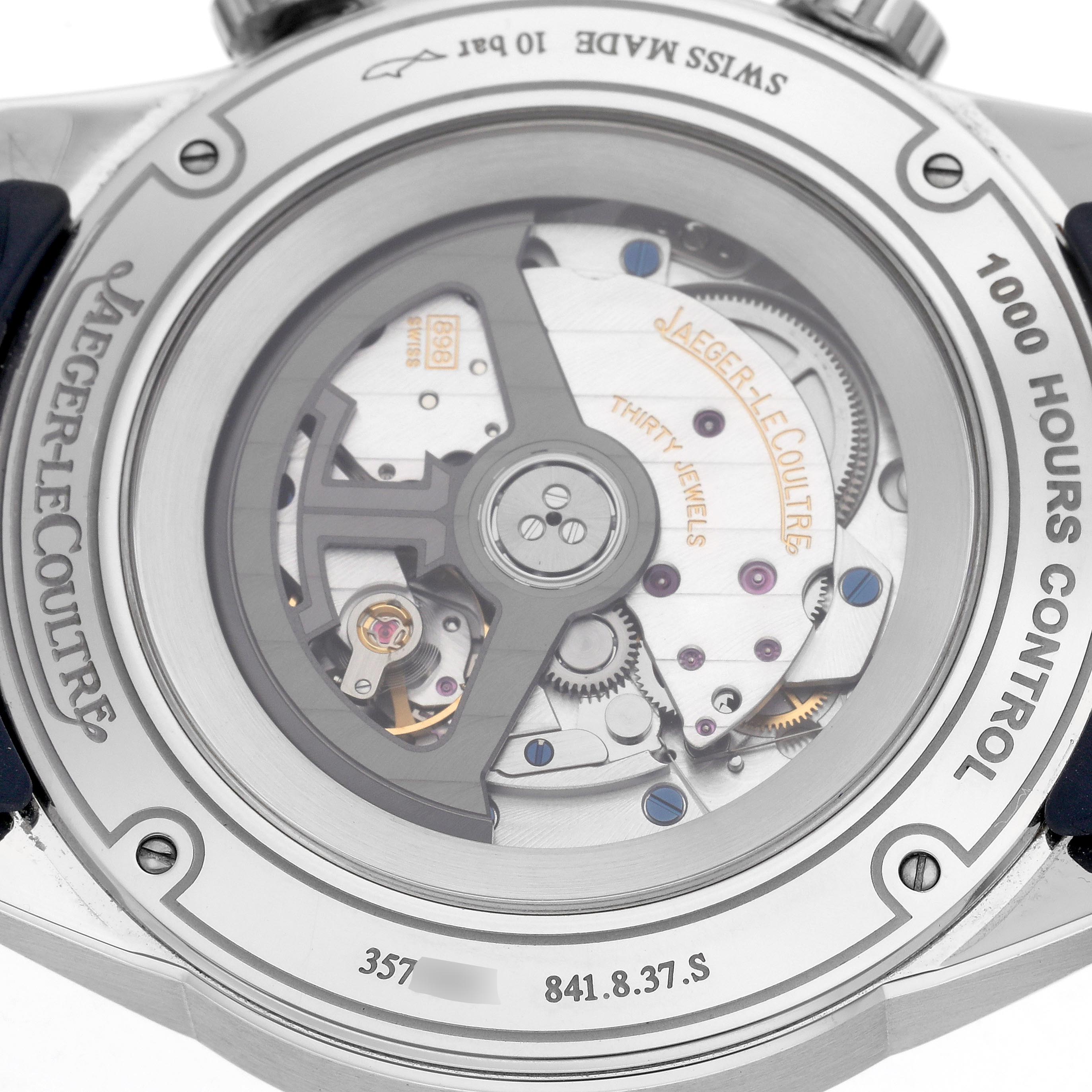 The image shows the back view of the Jaeger LeCoultre Polaris Q9008180/841.8.37.S Men
s Stainless Steel Blue Dial Q9008180/841.8.37.S Men
s Stainless Steel Blue Dial watch, highlighting its movement and inner mechanics.