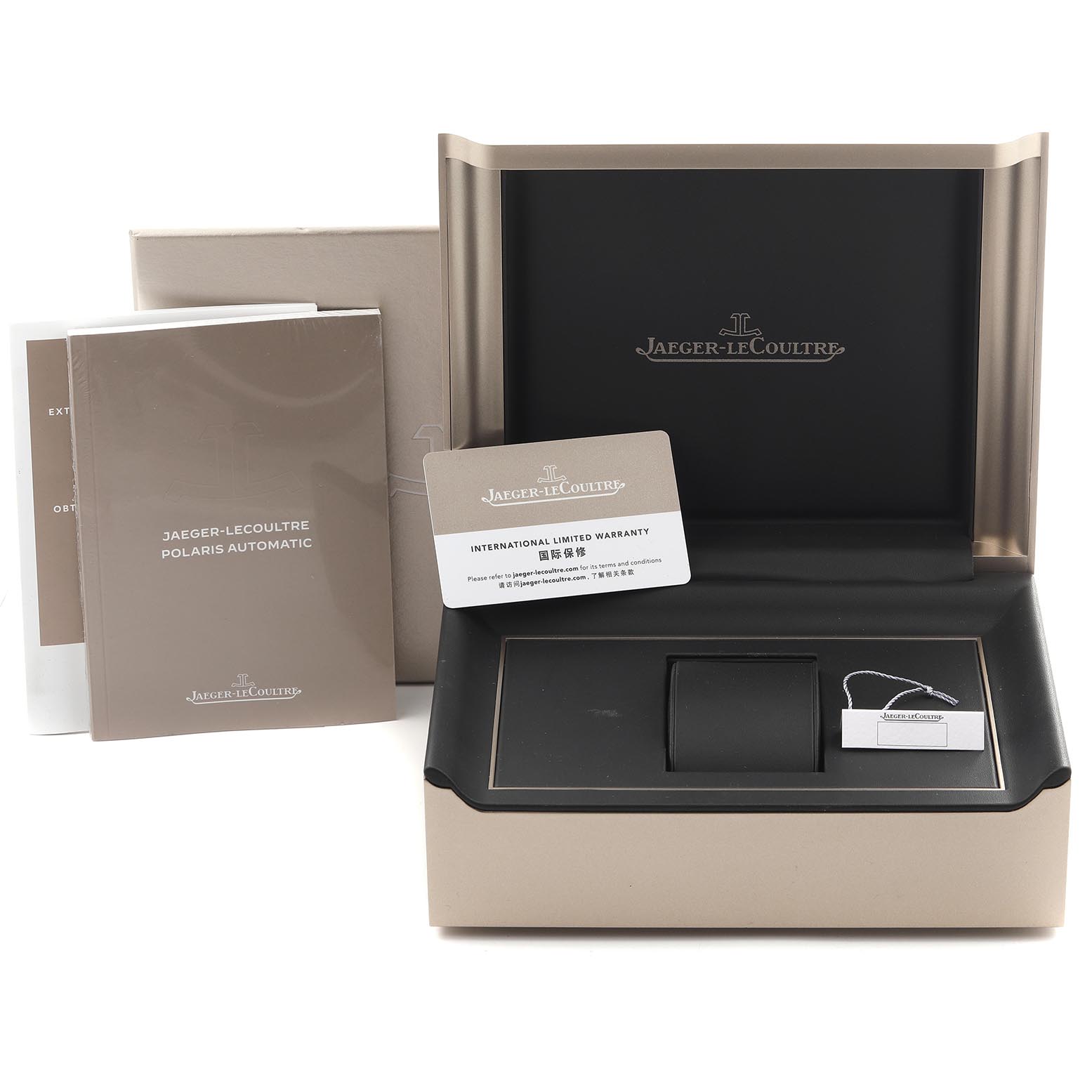 The image shows the Jaeger LeCoultre Polaris Q9008180/841.8.37.S Men
s Stainless Steel Blue Dial Q9008180/841.8.37.S Men
s Stainless Steel Blue Dial watch box, warranty card, and manuals from a front angle.