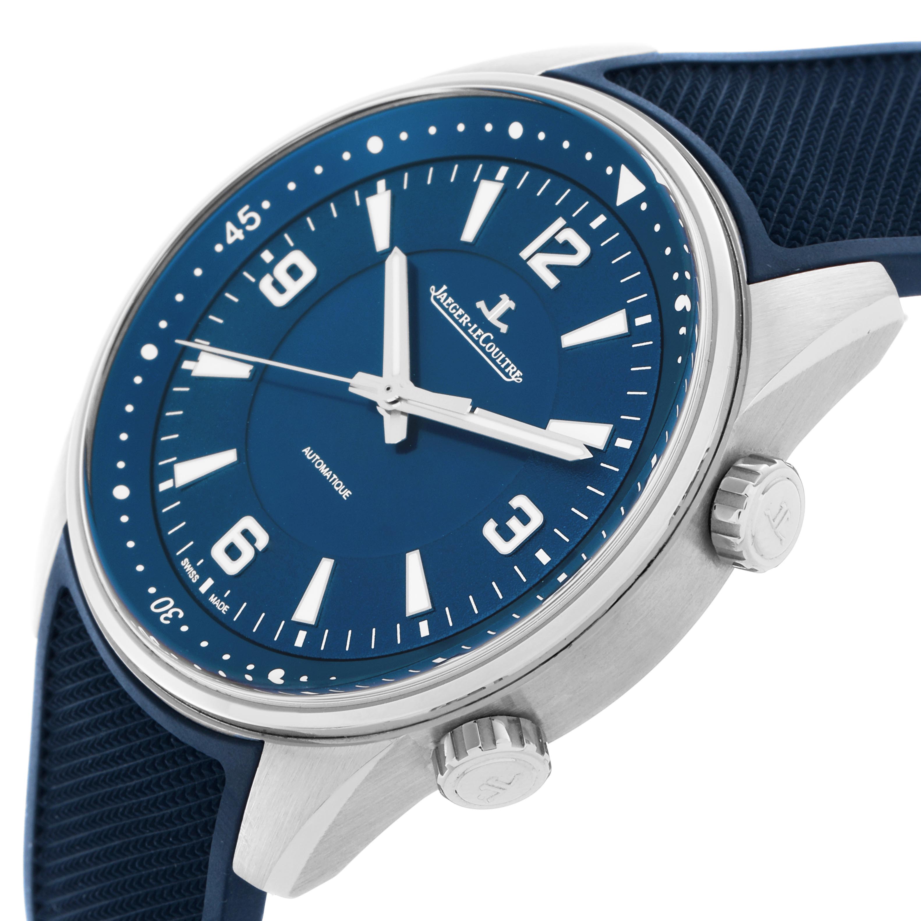 The Jaeger LeCoultre Polaris Q9008180/841.8.37.S Men
s Stainless Steel Blue Dial Q9008180/841.8.37.S Men
s Stainless Steel Blue Dial watch is shown at a slightly angled side view, highlighting the blue dial, bezel, crown, and strap.