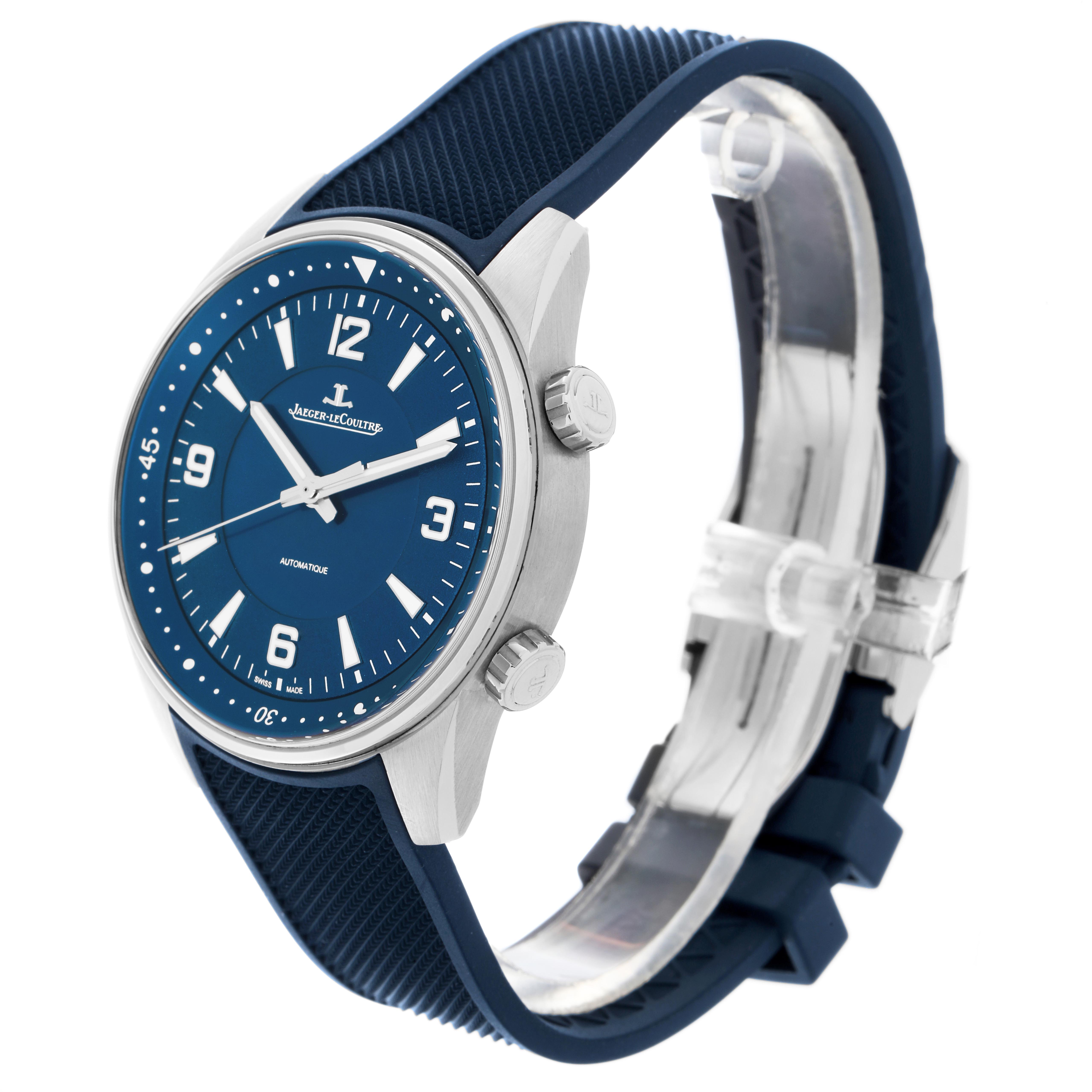 The Jaeger LeCoultre Polaris Q9008180/841.8.37.S Men
s Stainless Steel Blue Dial Q9008180/841.8.37.S Men
s Stainless Steel Blue Dial watch is shown at a three-quarter angle, highlighting the face, crown, and strap.
