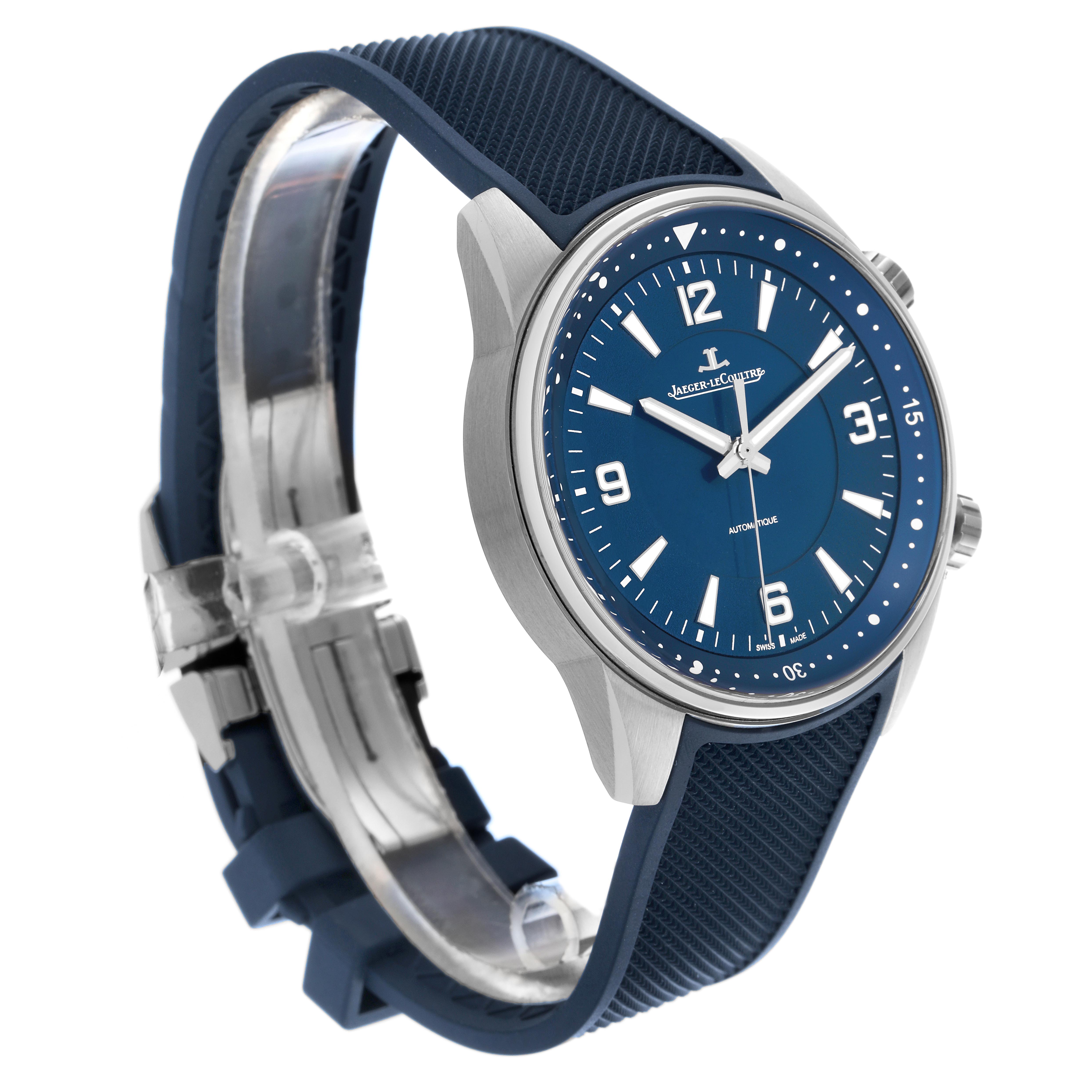 The Jaeger LeCoultre Polaris Q9008180/841.8.37.S Men
s Stainless Steel Blue Dial Q9008180/841.8.37.S Men
s Stainless Steel Blue Dial watch is shown at a three-quarter angle, highlighting the face, case, and blue strap.