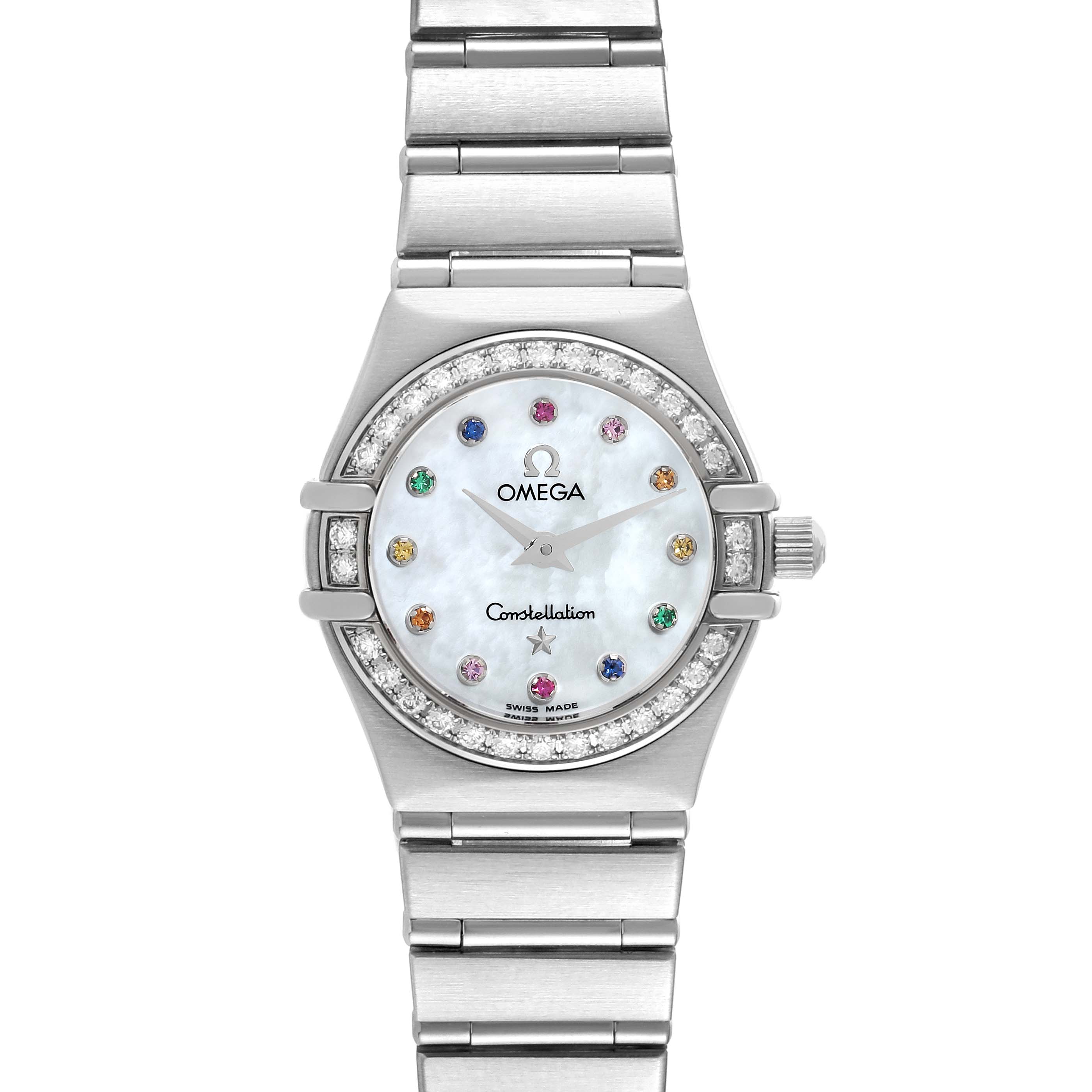 The image shows a front view of the Omega 1460.79.00 Women's Stainless Steel Mother of Pearl Dial 1460.79.00 Women's Stainless Steel Mother of Pearl Dial Constellation Iris Steel Multi Stone Ladies Watch 1460.79.00, featuring its face and strap.