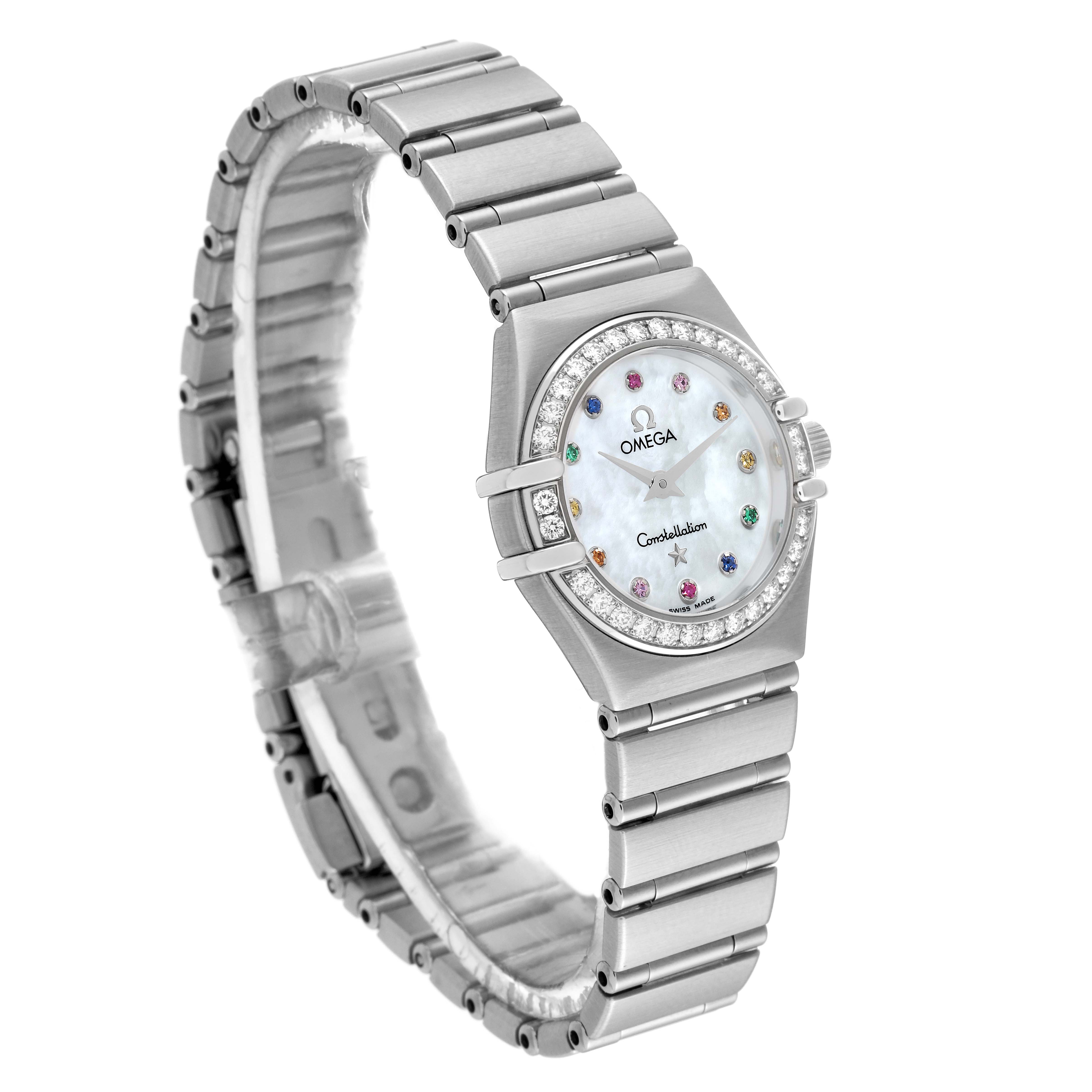 The Omega 1460.79.00 Women's Stainless Steel Mother of Pearl Dial 1460.79.00 Women's Stainless Steel Mother of Pearl Dial Constellation Iris Steel Multi Stone Ladies Watch 1460.79.00 is shown at an angle, highlighting its face, bezel, and stainless steel bracelet.