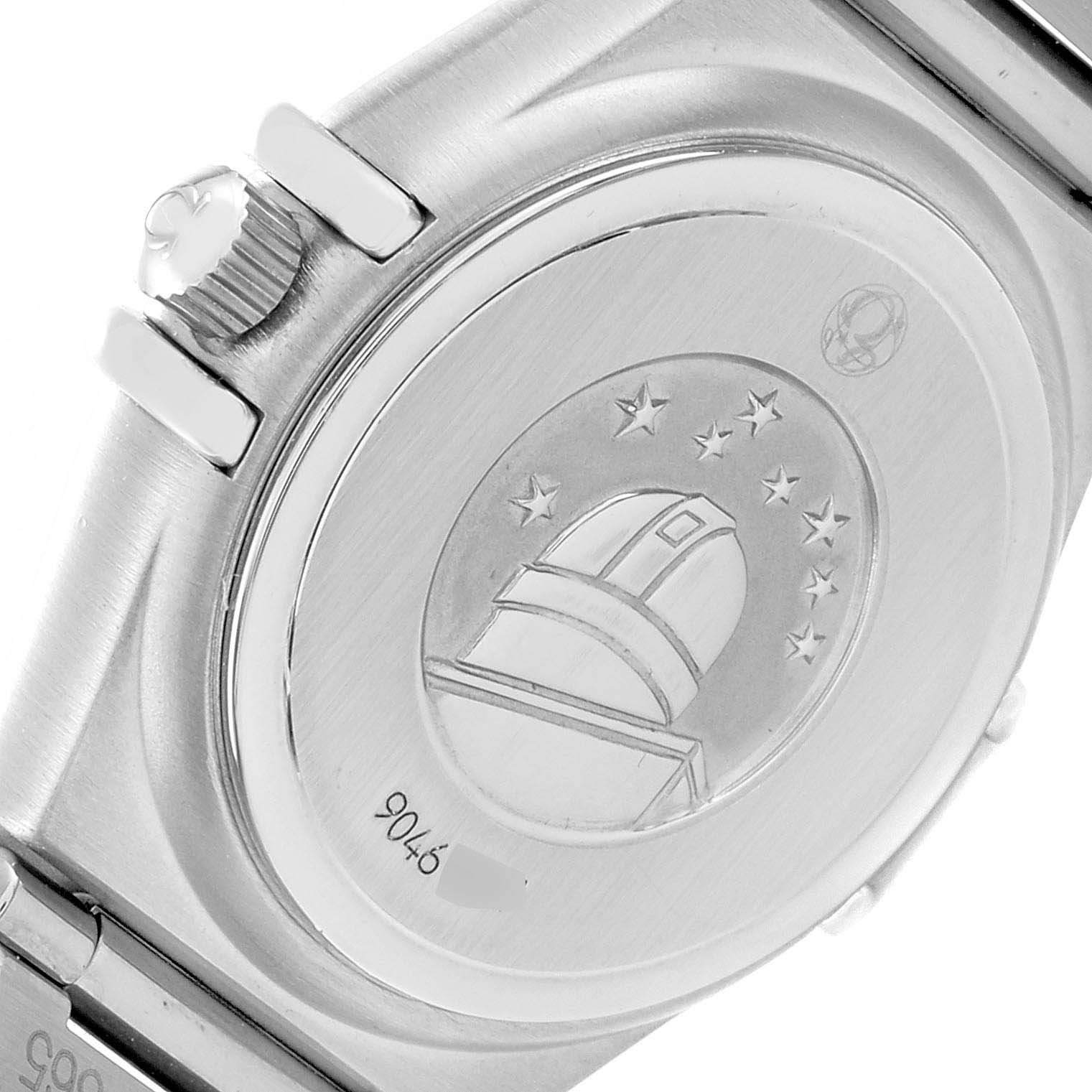 This image shows the back case and crown of the Omega 1460.79.00 Women's Stainless Steel Mother of Pearl Dial 1460.79.00 Women's Stainless Steel Mother of Pearl Dial Constellation Iris Steel Multi Stone Ladies Watch 1460.79.00.