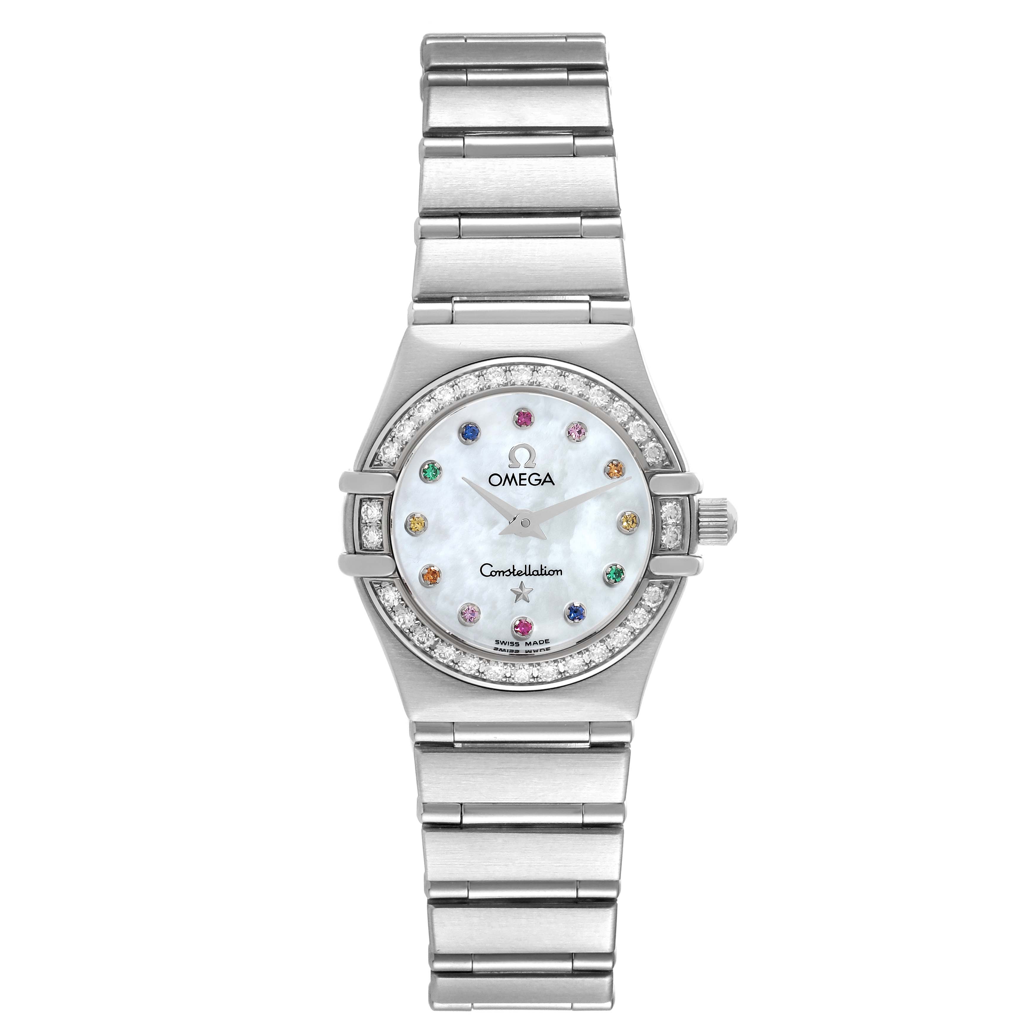 The image shows a front view of the Omega 1460.79.00 Women's Stainless Steel Mother of Pearl Dial 1460.79.00 Women's Stainless Steel Mother of Pearl Dial Constellation Iris Steel Multi Stone Ladies Watch 1460.79.00, highlighting the face, bezel, and bracelet.